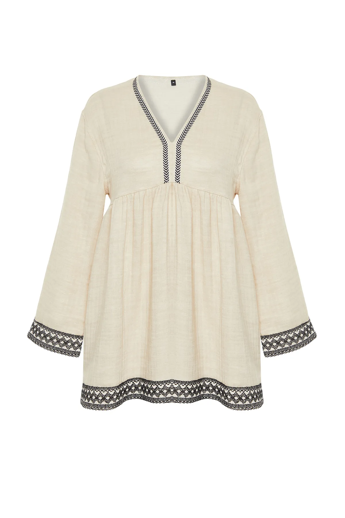 Trendyol Collection  Beiges, weit geschnittenes Mini-Strandkleid aus Musselin mit gewebten Streifen und Zubehör TBESS24EL00117