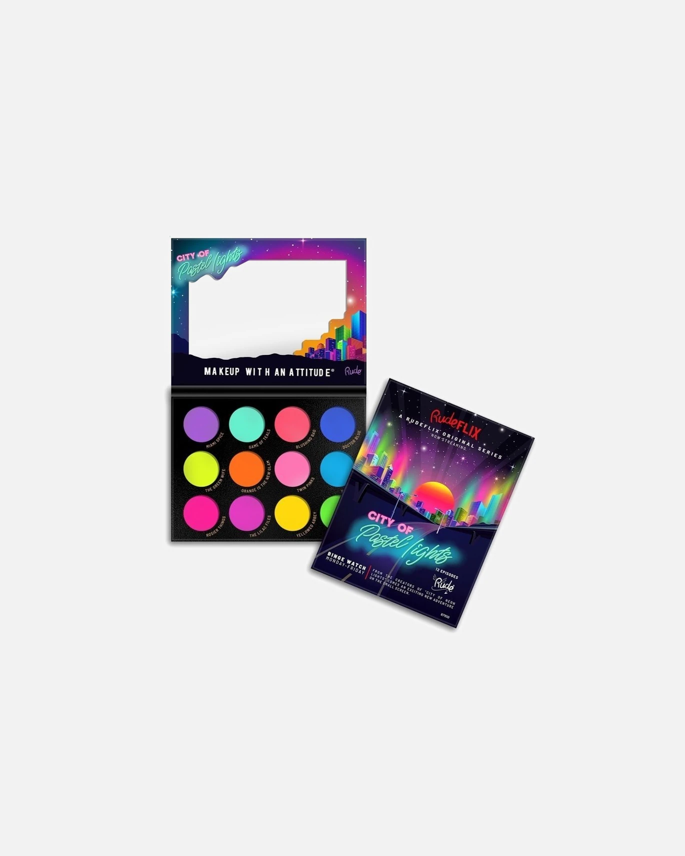 Rude Cosmetics City of Neon Lights 12 pastelinių pigmentų ir akių šešėlių paletė