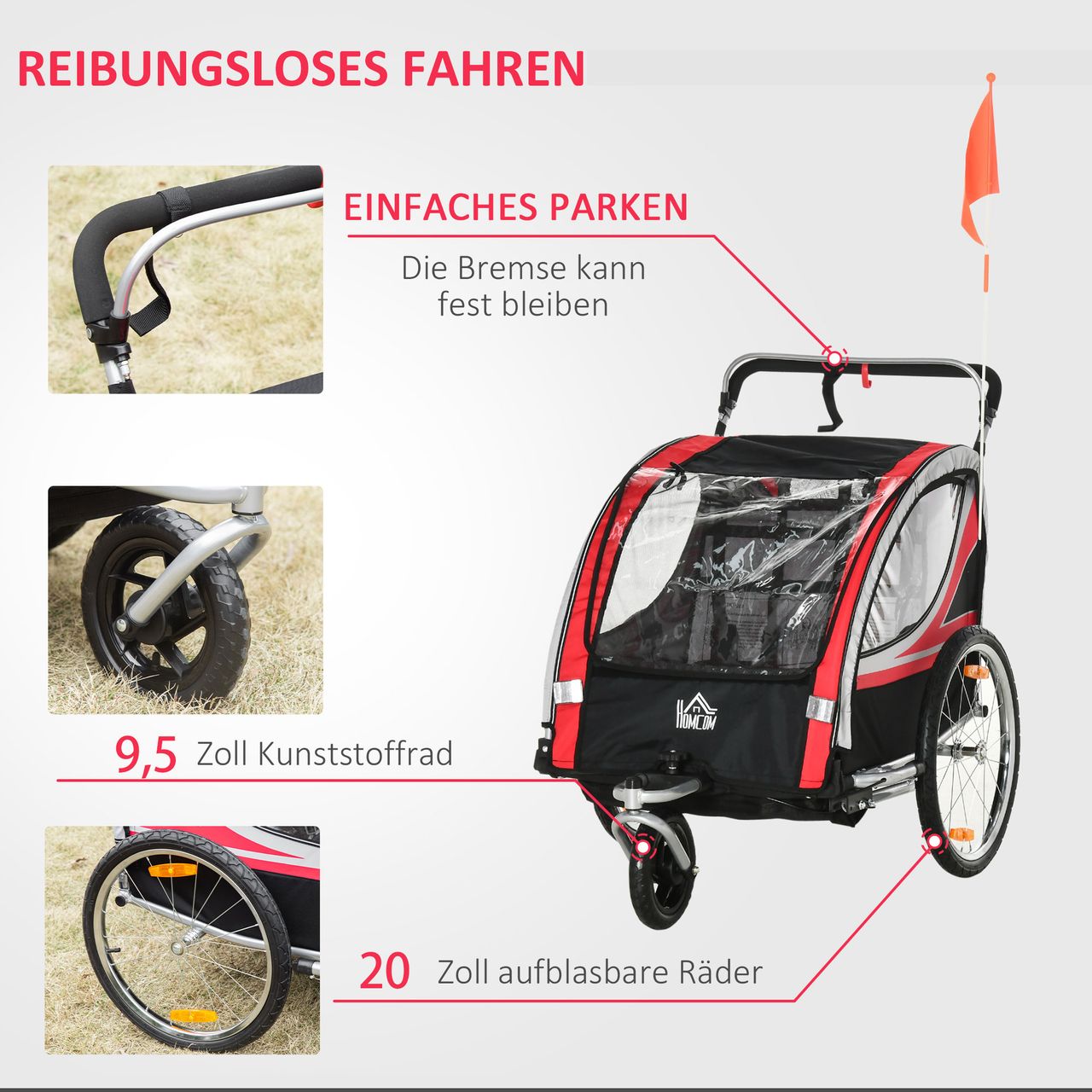 HOMCOM 2 in 1 Kinderfahrradanhänger, Kinderanhänger mit Federung, Rot Schwarz