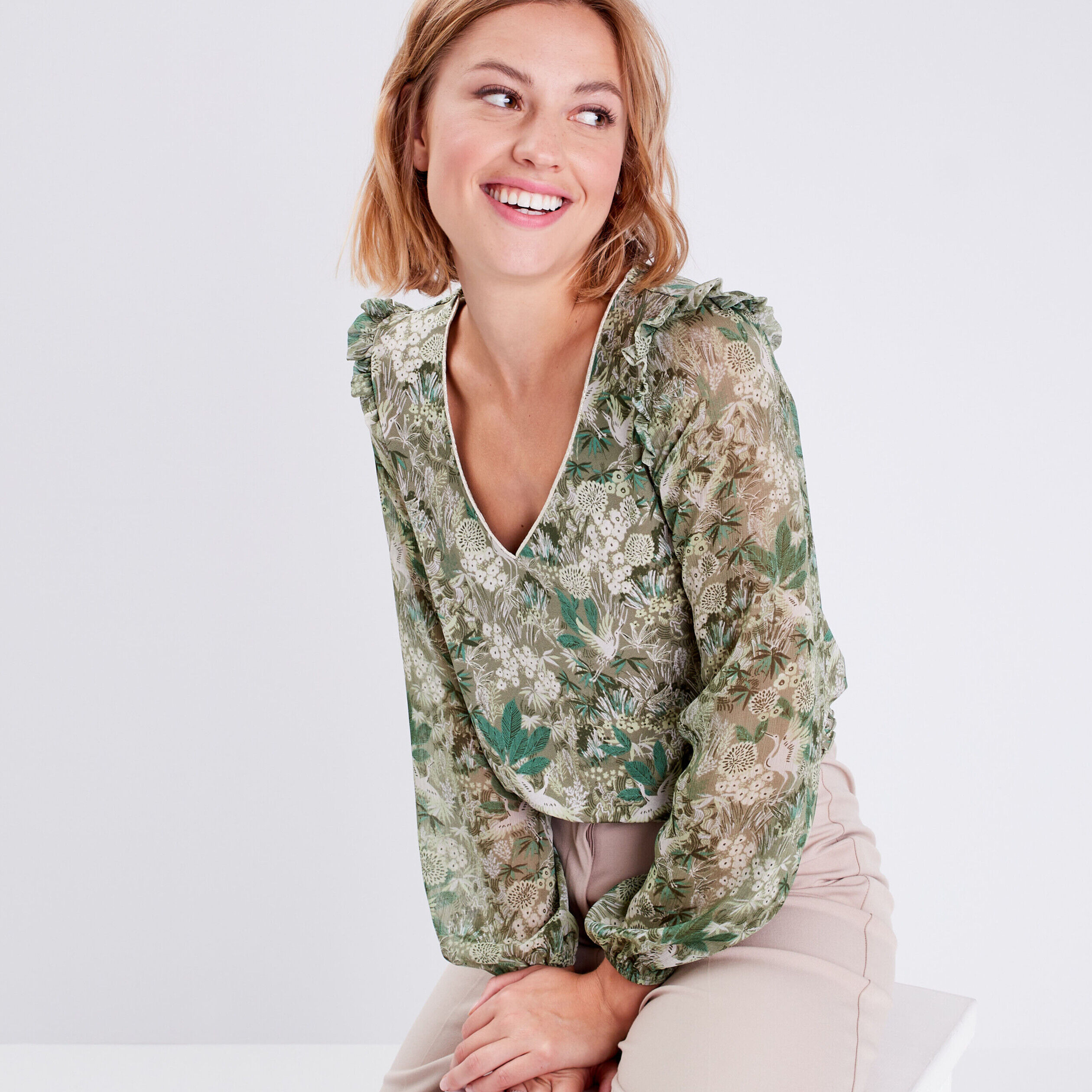 Blouse manches longues vert femme | Cache Cache