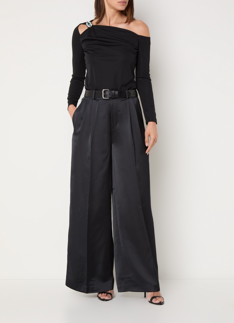 Pantaloni Ralph Lauren din satin cu talie înaltă, cu buzunare laterale și croială lată pe picioare.