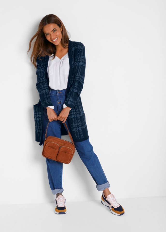 Karierte Strickjacke mit Taschen