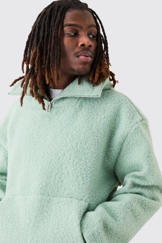 Kastiger Oversize Bouclee Borg-Hoodie mit 1/4 Reißverschluss