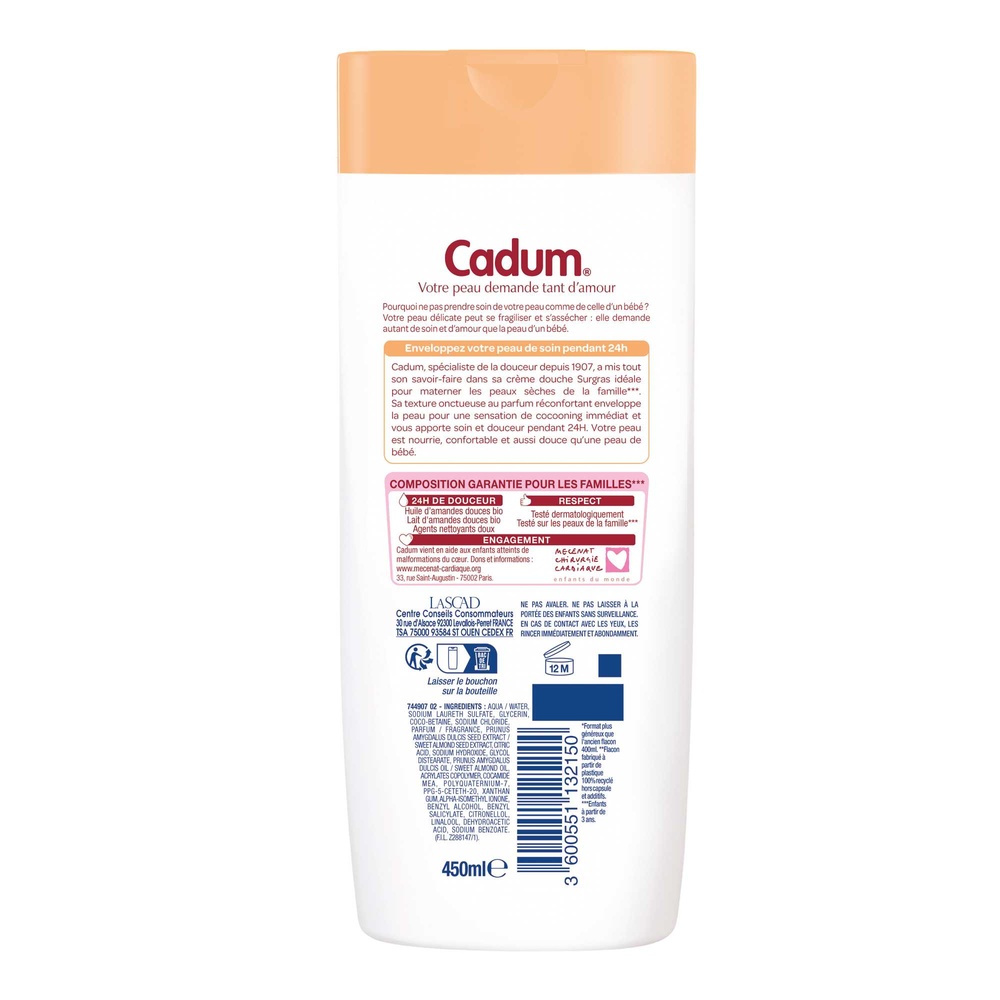 cadum Surgras Douceur de Lait Crème Douche Lait d'Amandes Douces Bio