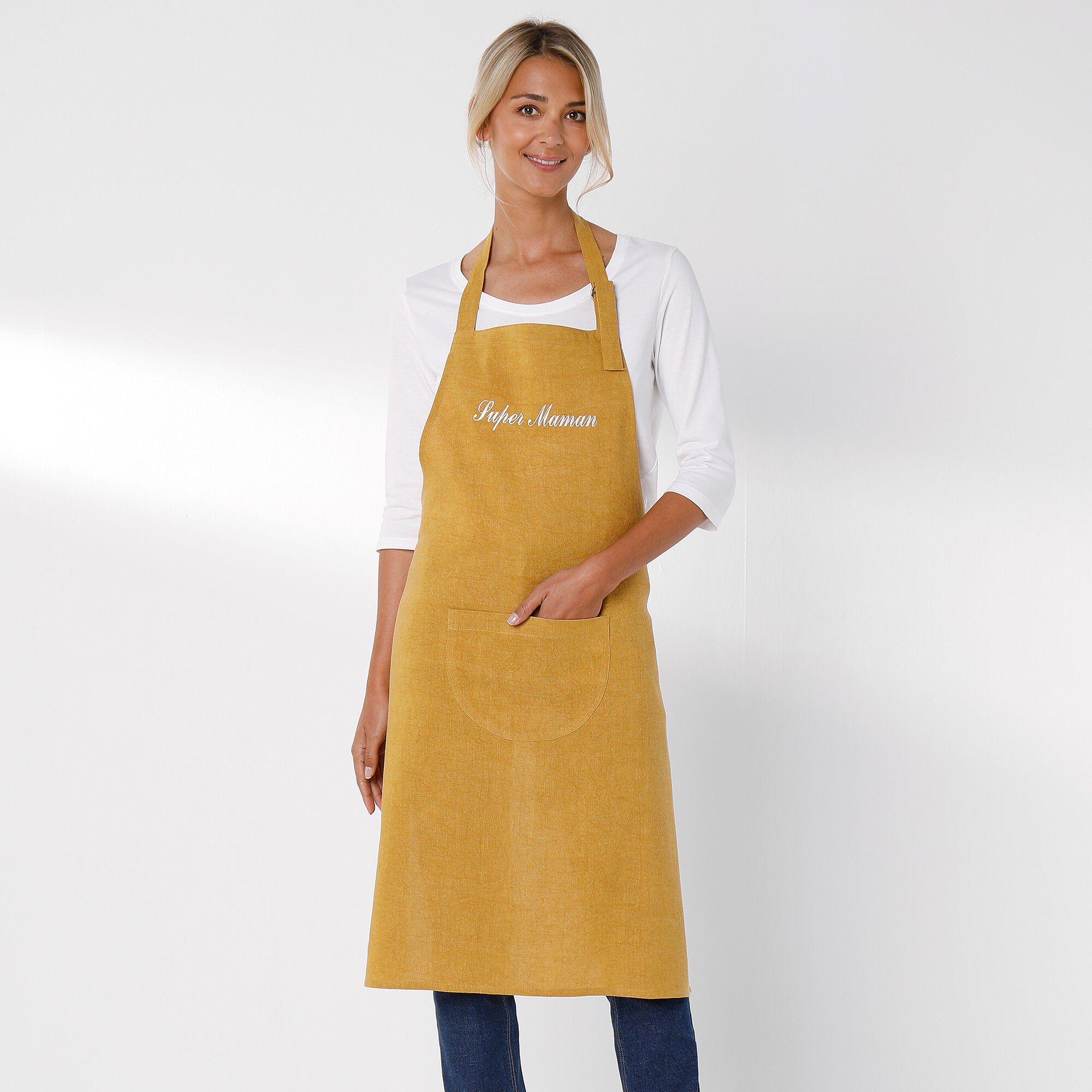 Tablier bavette coton et lin uni personnalisable