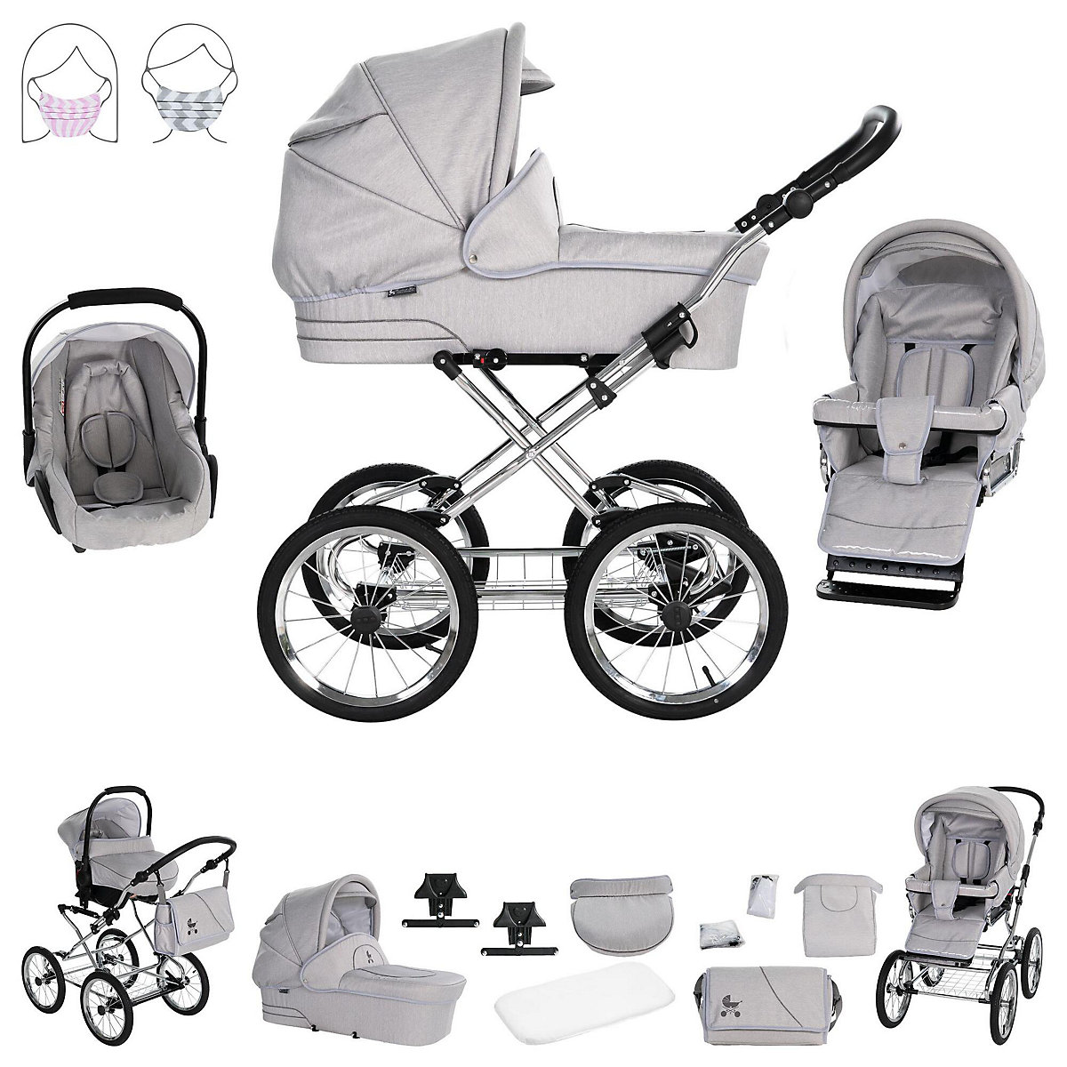 München | 3 in 1 Kombi Kinderwagen Komplettset | Nostalgie Kinderwagen Kombikinderwagen