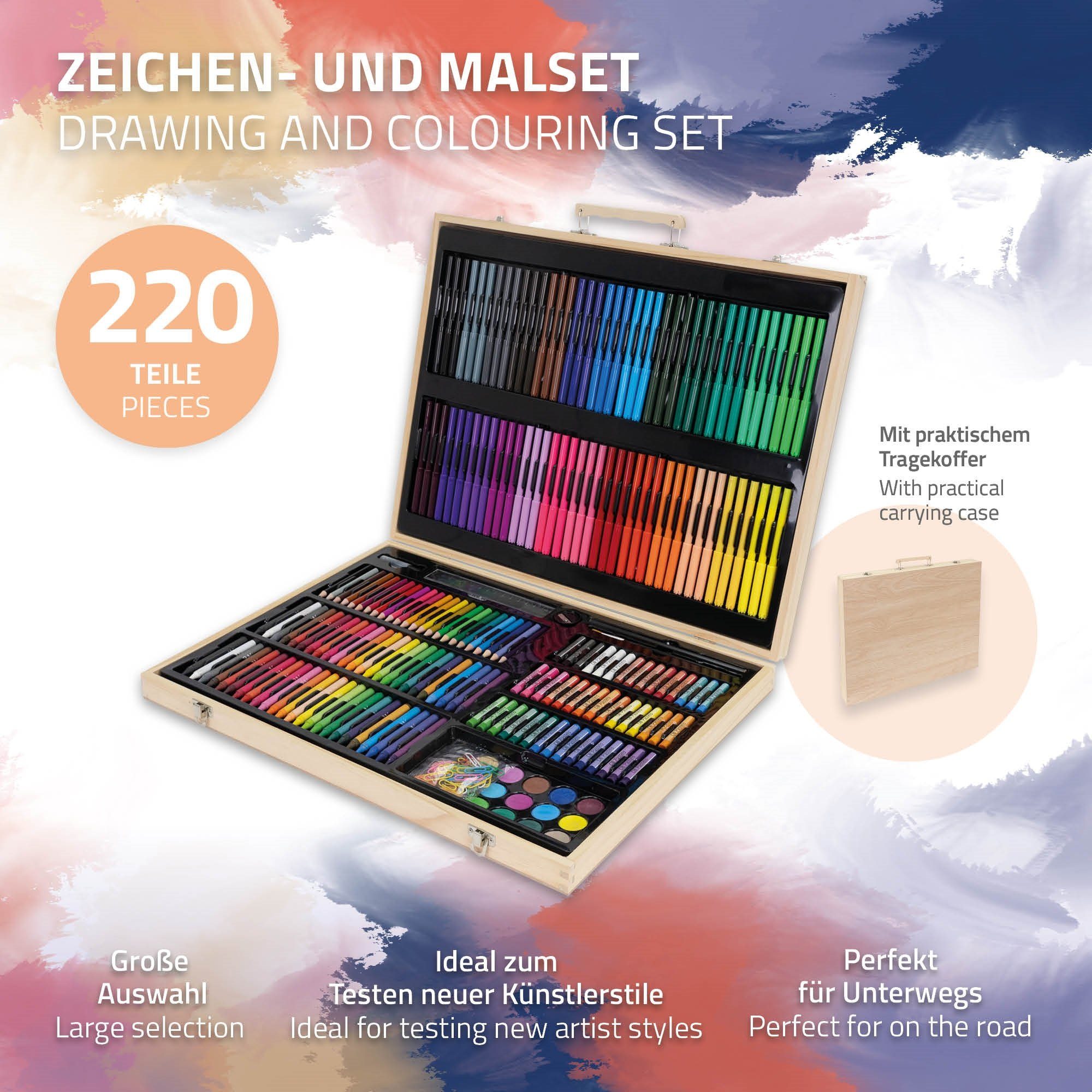 ECD Germany Malerset Malkoffer Künstler Set Zeichenset Pinselset, 220-Teilig Holzkoffer Filzstiften Wachsmalstiften Buntstiften
