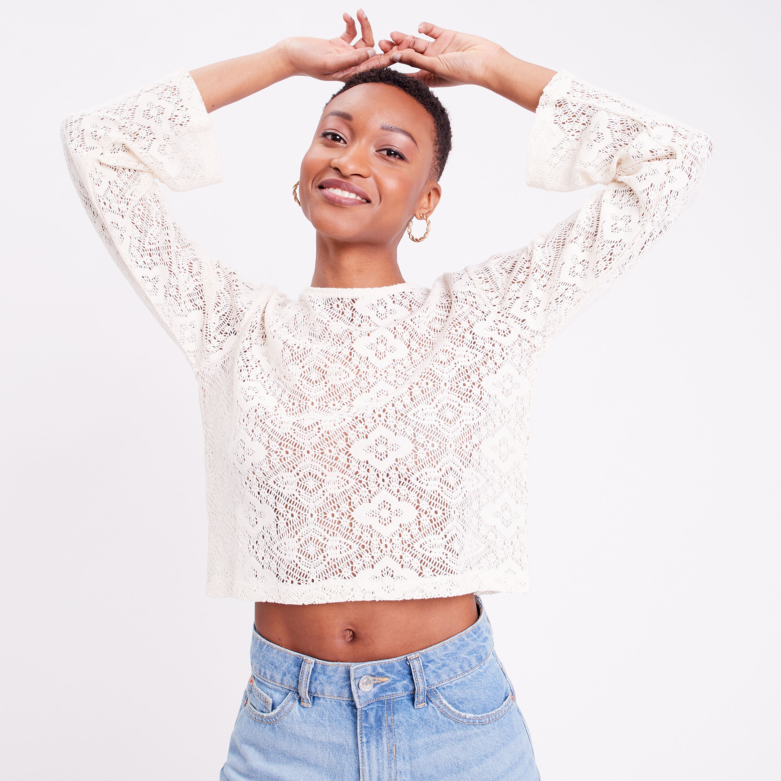 T-shirt crochet col rond ecru femme | Cache Cache