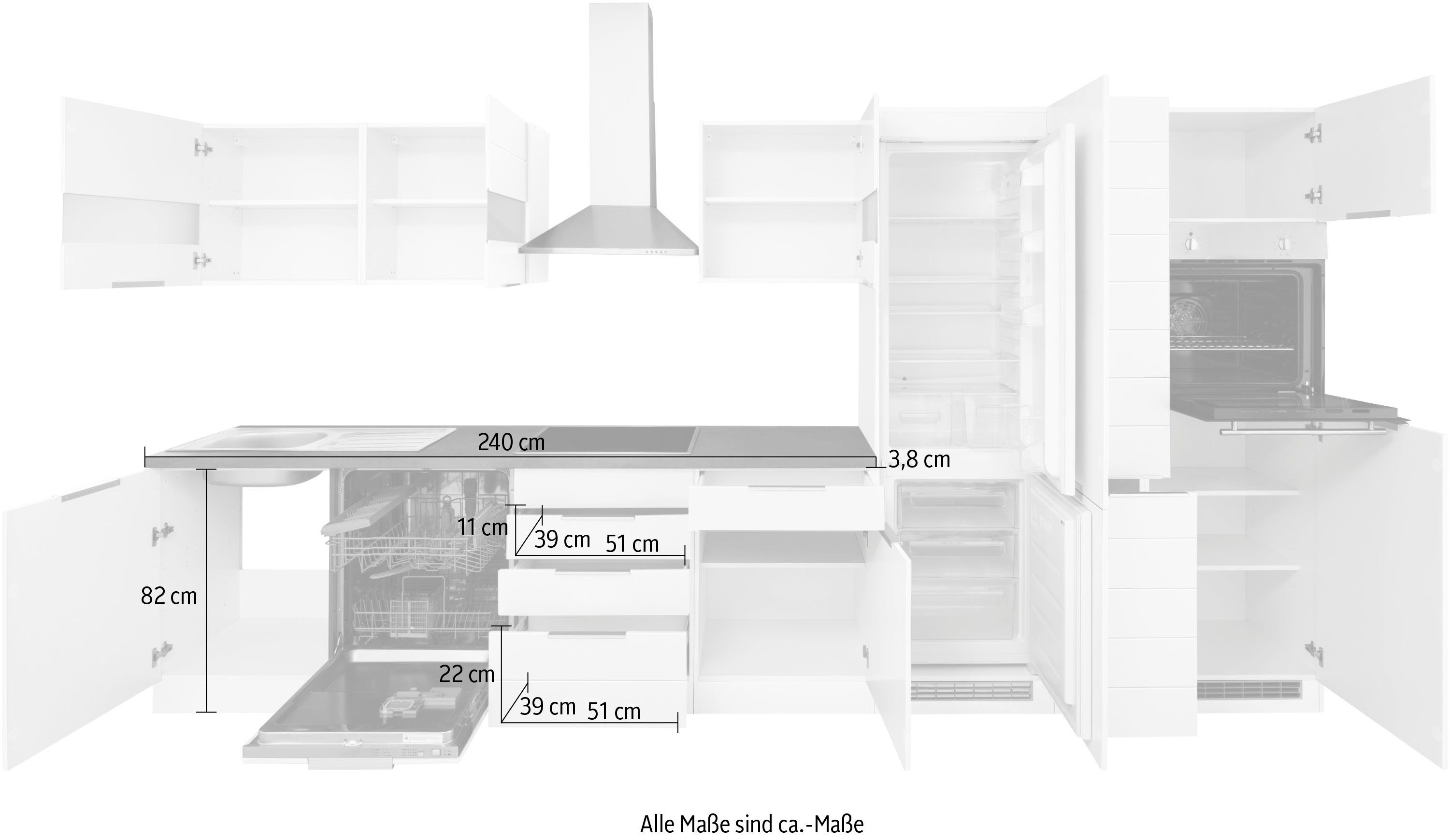 HELD MÖBEL Küche Luhe, 390 cm breit, wahlweise mit oder ohne E-Geräten, gefräste MDF-Fronten
