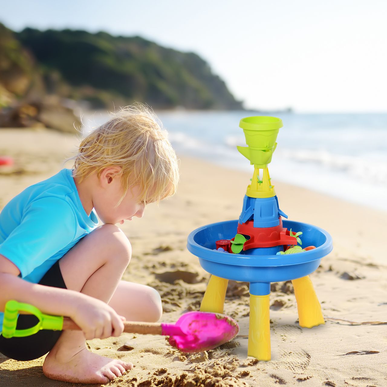 HOMCOM Kinder Spieltisch, Sandkastentisch mit 21-tlg. Zubehör, Wasserpark, Lernspielzeug, Baby Spielzeug ab 3 Jahren, PP, Bunt, 46 x 46 x 72 cm