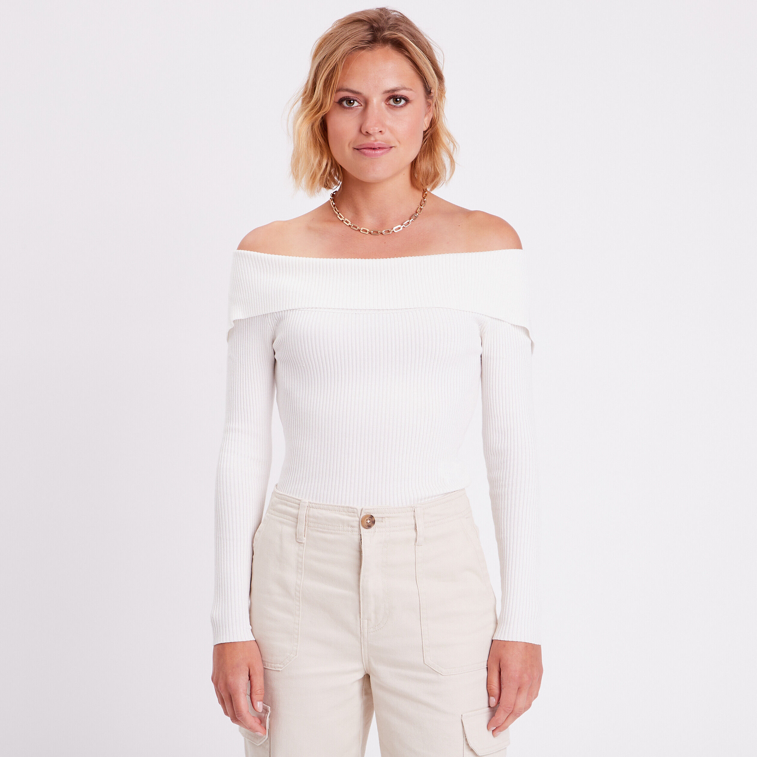 Pull col bardot côtelé ecru femme | Cache Cache