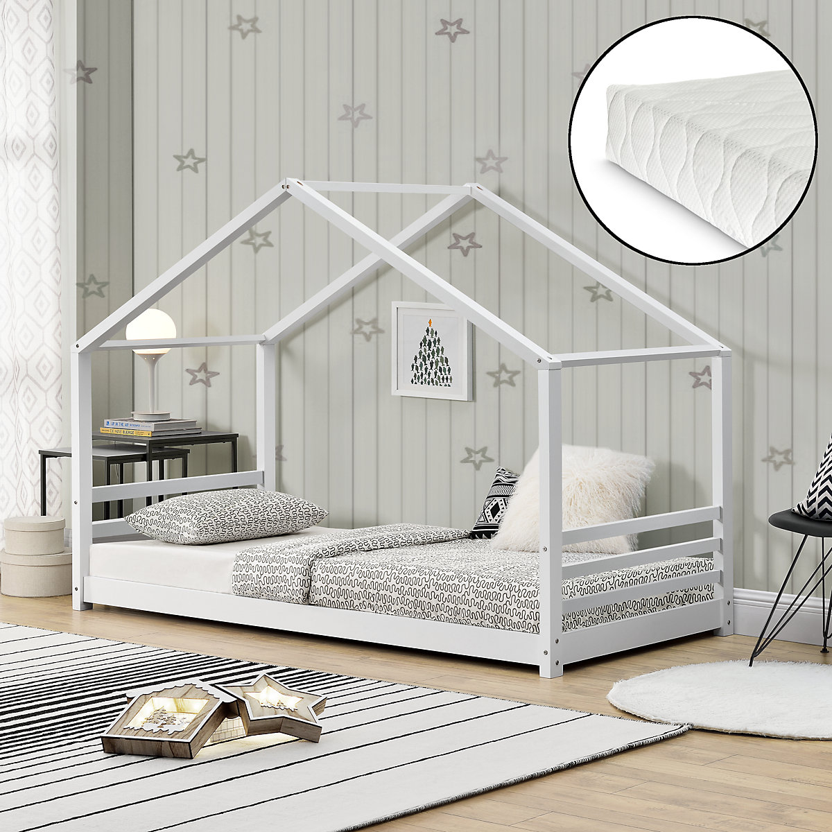 Kinderbett mit Kaltschaummatratze 90x200cm Jugendbett Hausbett Kiefernholz weiß