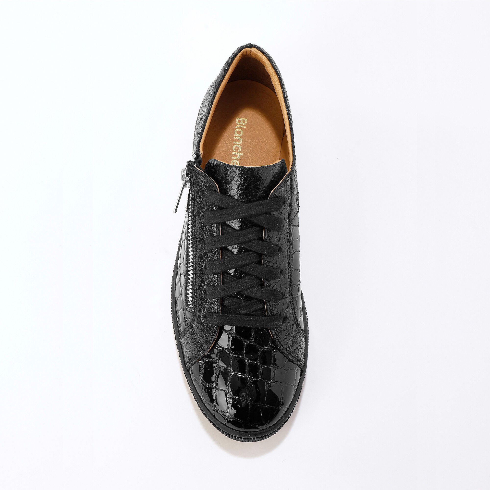Baskets basses zippées en cuir souple effet croco