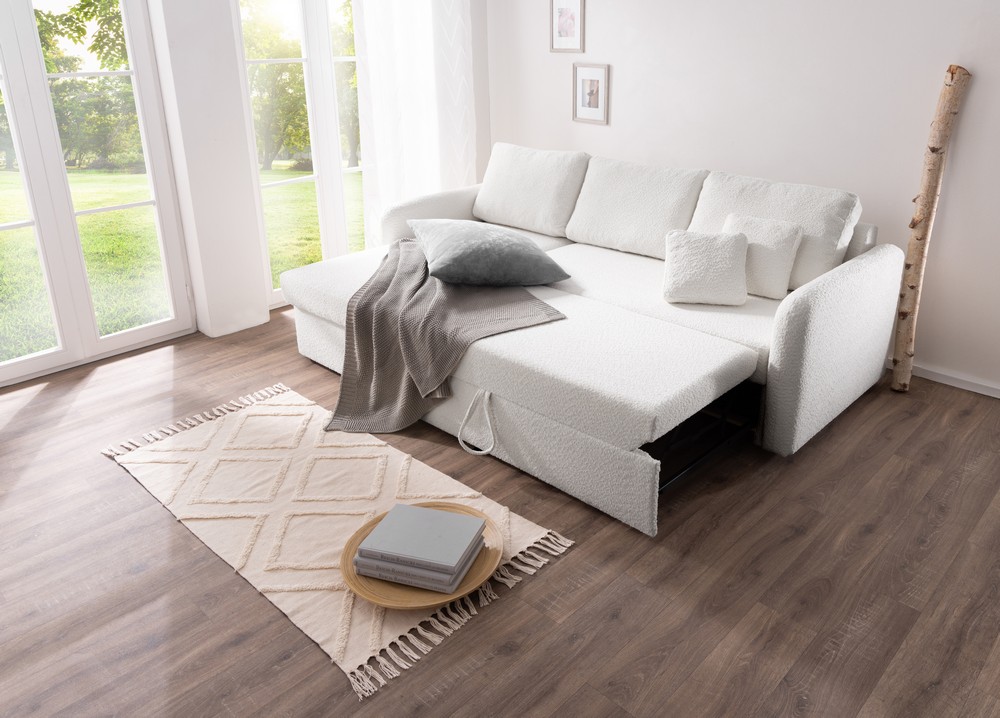 Möbel Punkt Ecksofa NICE Abriamo Boucle Ecru Hell mit Bett und Bettkasten Ottomane Universell Rechts Links