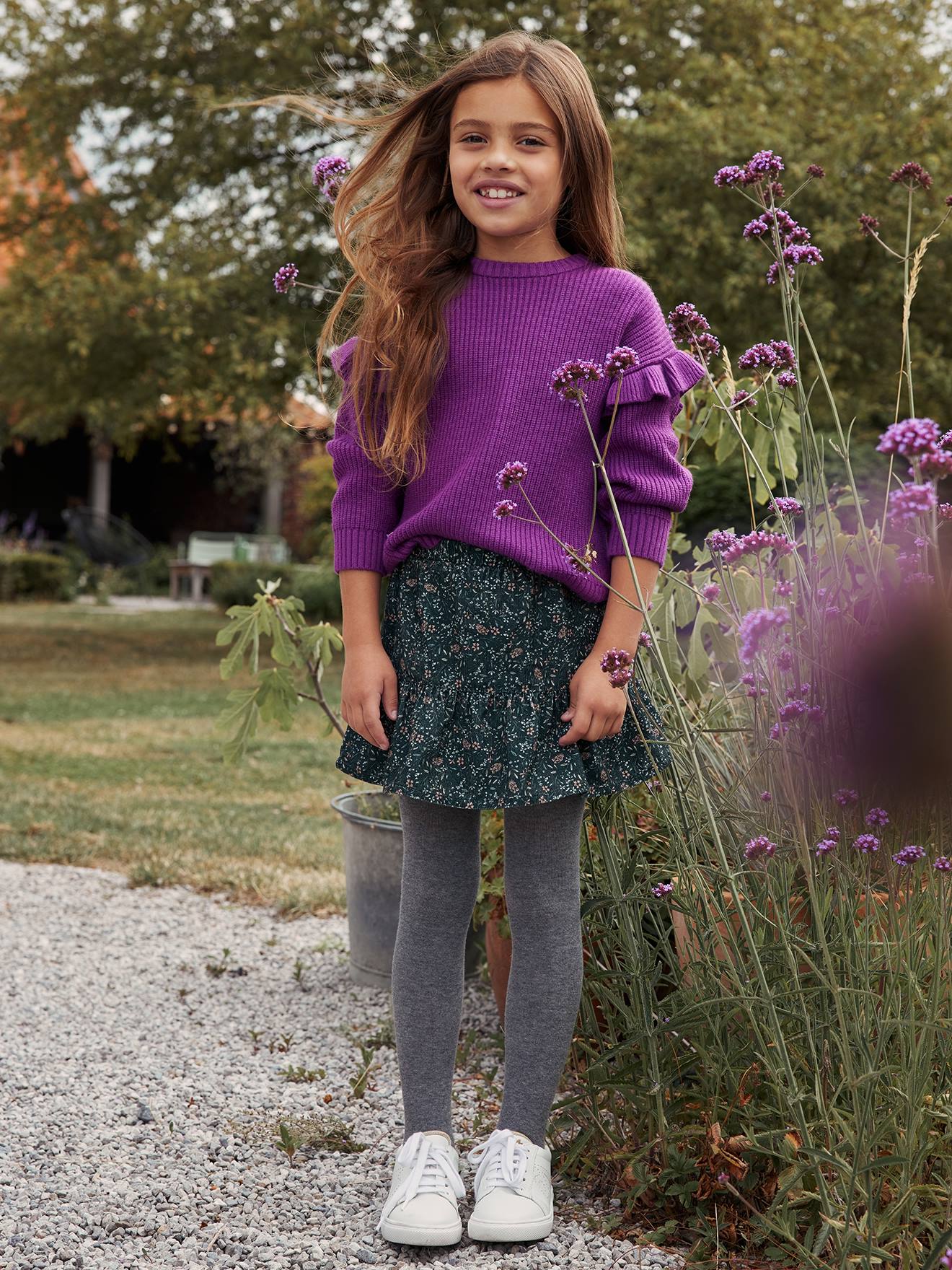 Pull manches volantées fille rayé marron