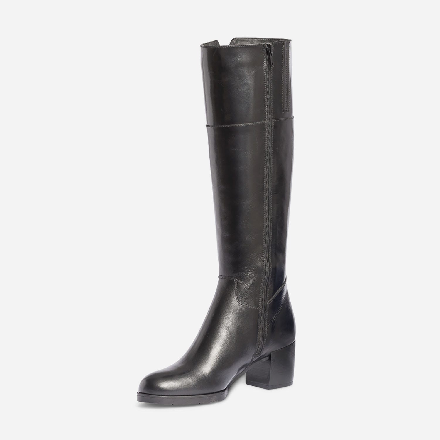 Botte à talon noire en cuir pour mollet fin