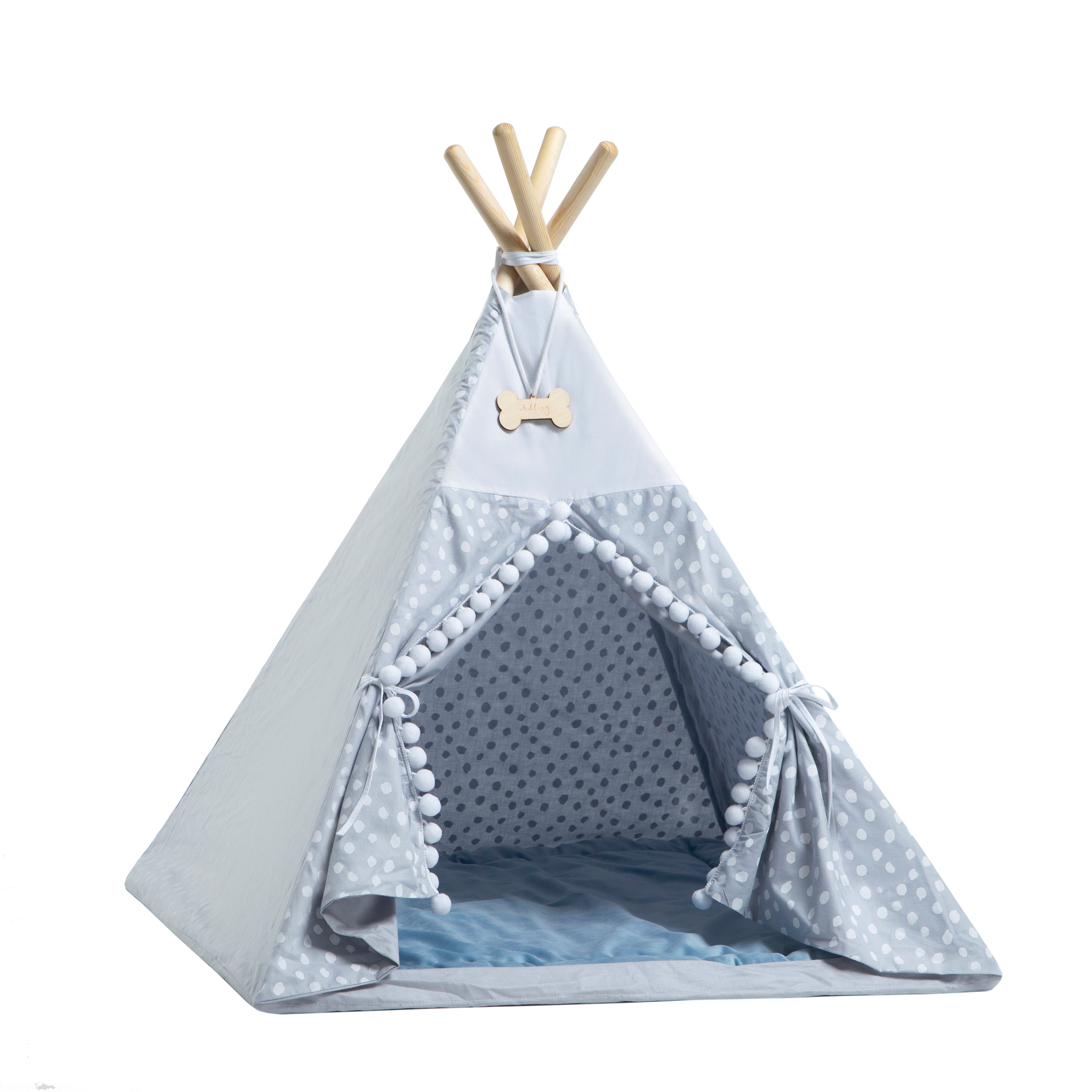 Rainbow Kids Tipi-Zelt Tipi für Hunde und Katzen / Haustierzelt Weißer Pompon, (2 tlg), vier Holzstangen zu je 110 cm Länge