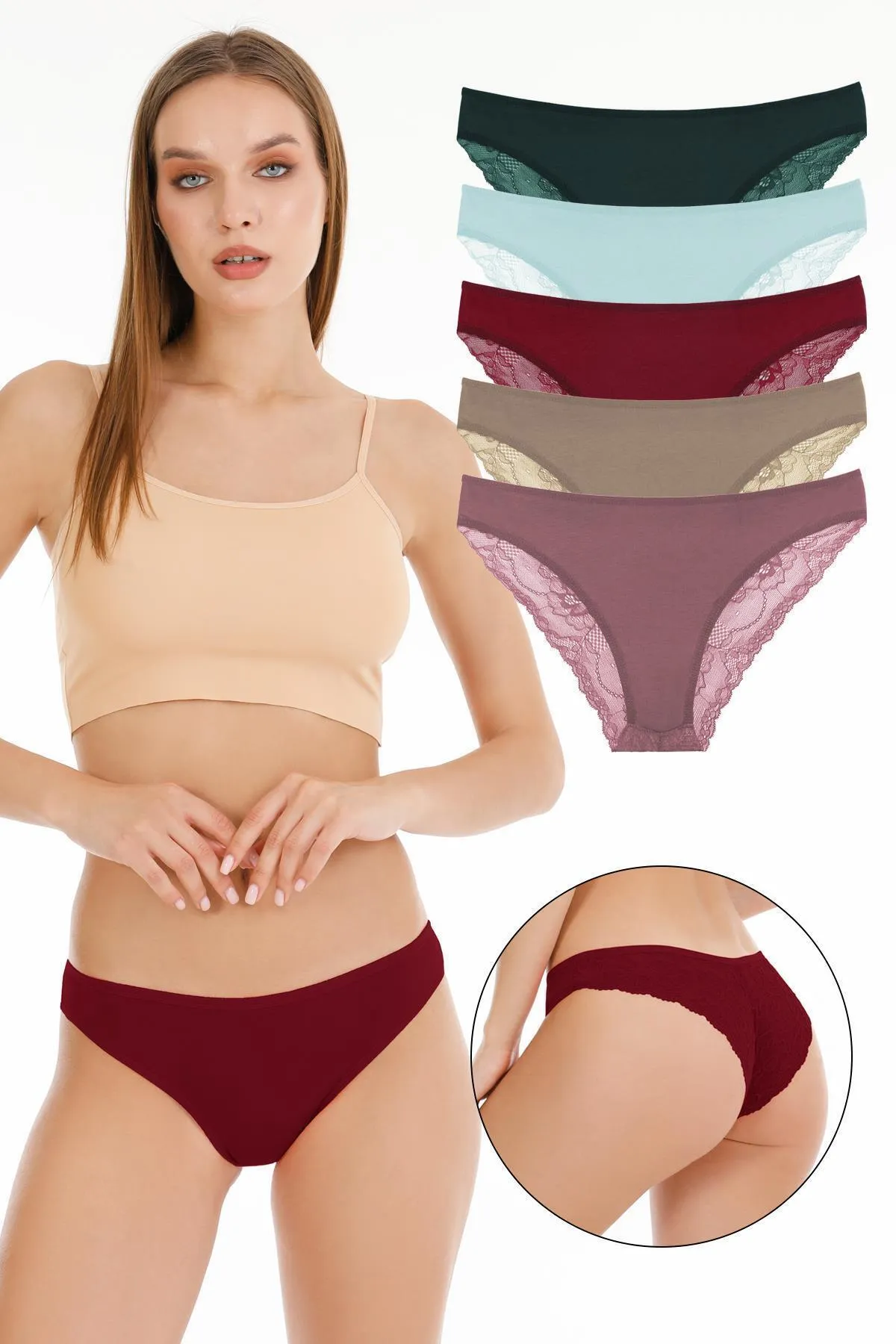 Sensu  Brasilianisches Höschen mit Spitzenrücken für Damen, 5er-Set