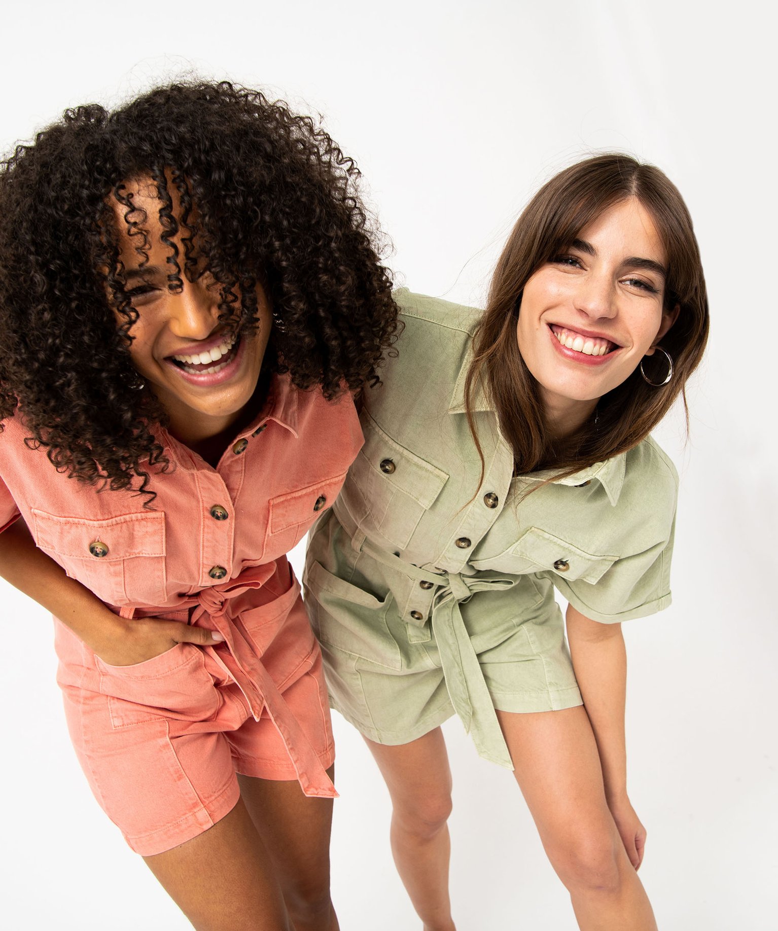 Combishort en toile denim à manches courtes femme vert | GEMO