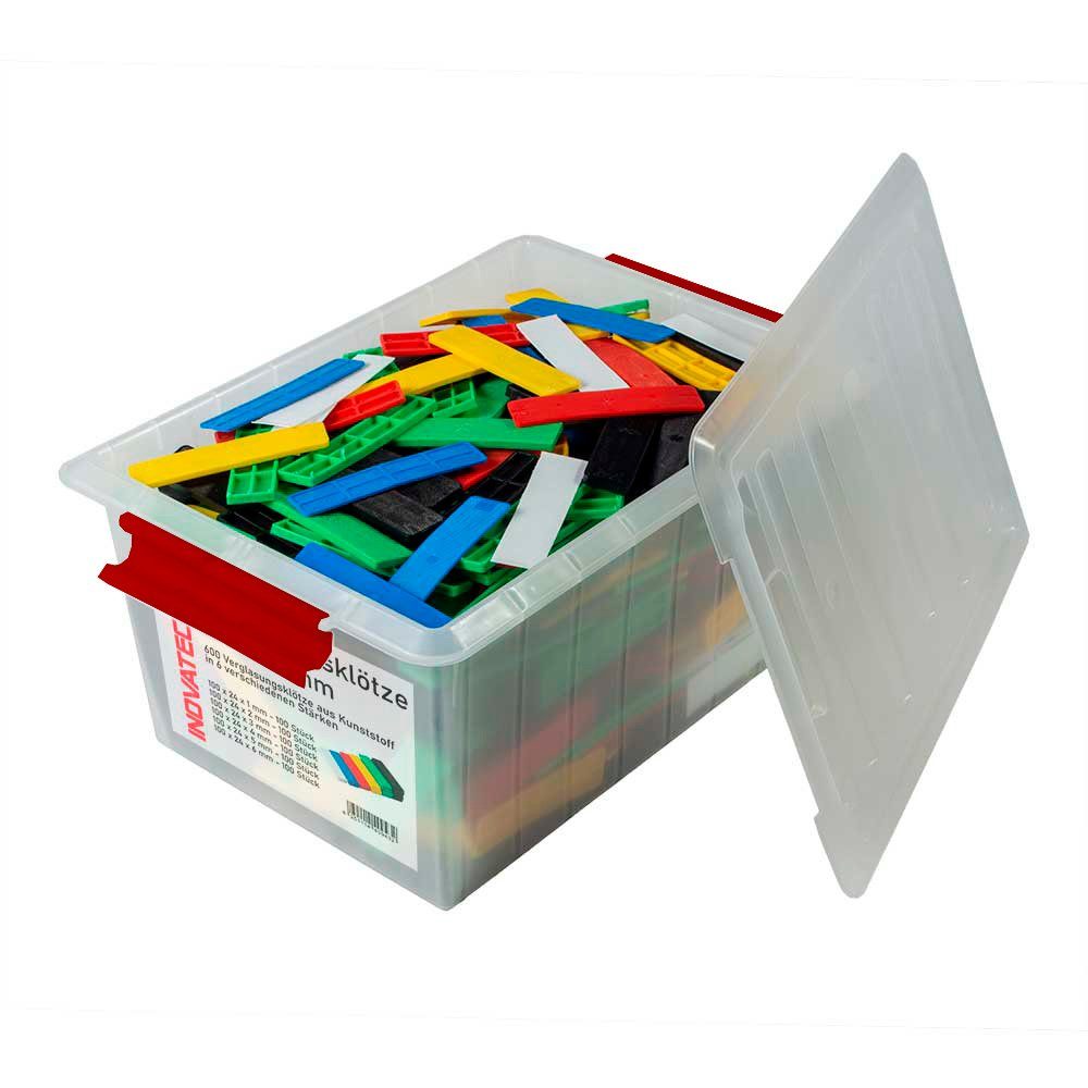 Inovatec Unterlegplatte 600 x Kunststoff Verglasungsklötze 100 x 24 x 1 - 6 mm Montage Trageklötze Mix in praktischer wiederverwendbarer Box mit Deckel und Clips