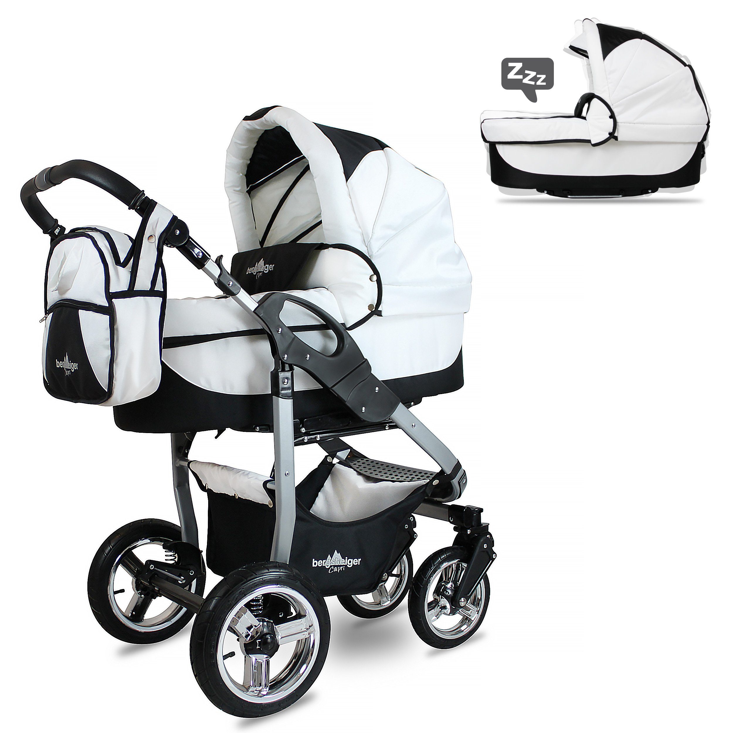 bergsteiger Kombi-Kinderwagen Babywagen Capri 3in1, Kombikinderwagen Komplettset inkl. Zubehör - Babyschale, Buggy-Aufsatz, Sonnenschutz & Wetterfußsack, Federleichtes Gewicht, (10-tlg)