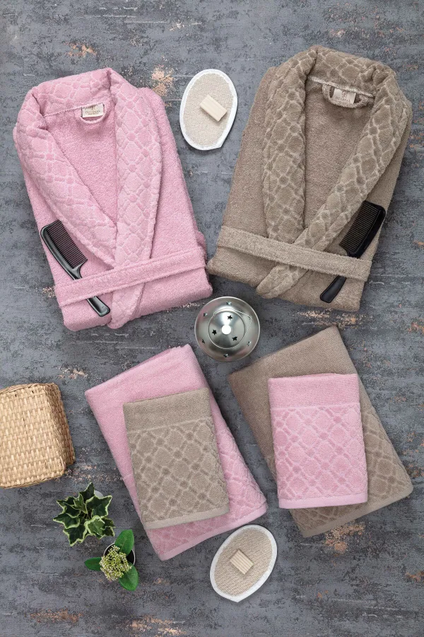 Güvenal  Hayal 12-teiliges Jacquard-Bademantel-Set | Bademantel | Handtuch und Handtuch-Set | Badezimmer-Aussteuer-Set