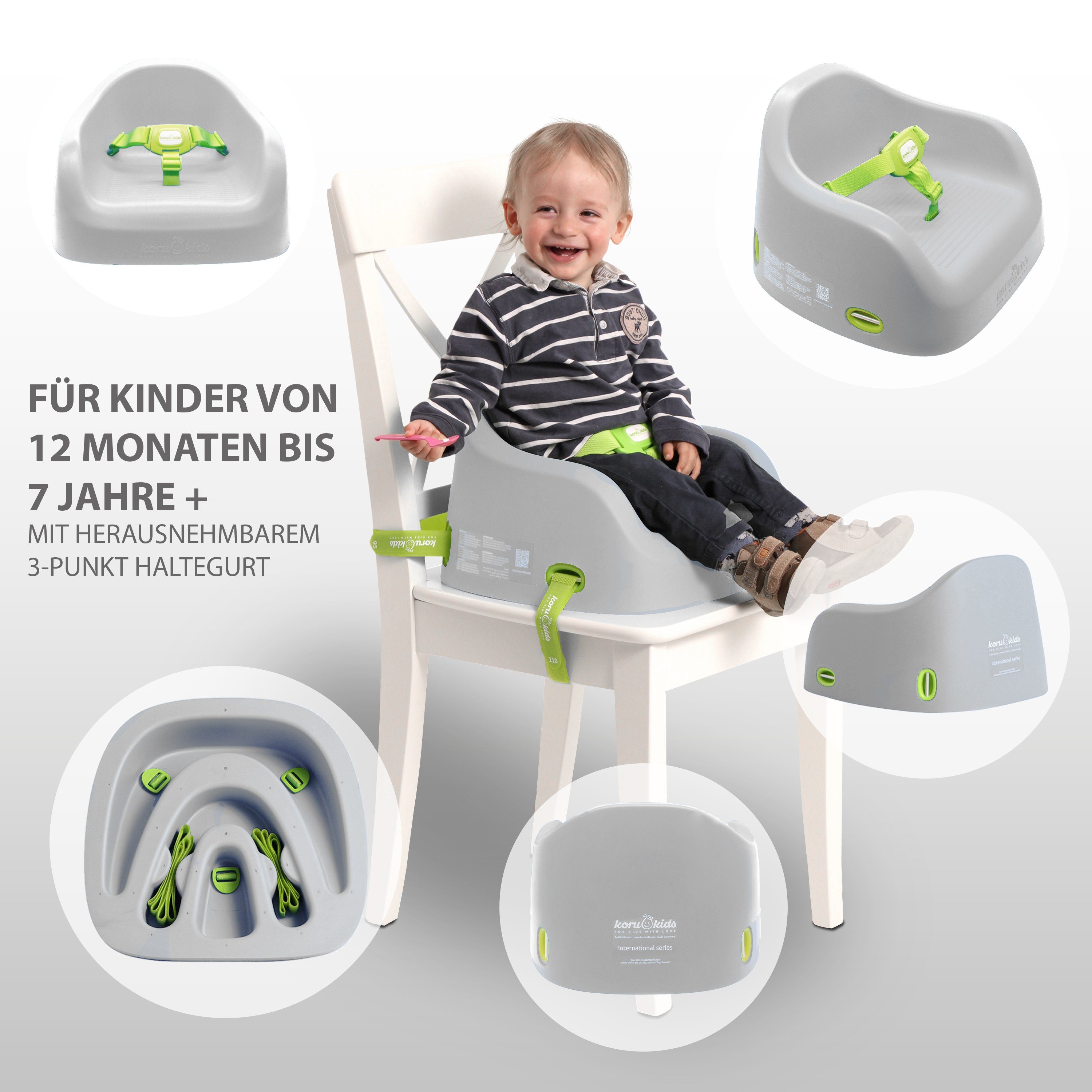 Koru Kids Kindersitzerhöhung Toddler Booster, ab: 12 Monate, bis: 7 Jahre plus, bis: 40,00 kg, Leicht am Stuhl zu fixieren, leicht zu reinigen, stapelbar, robust