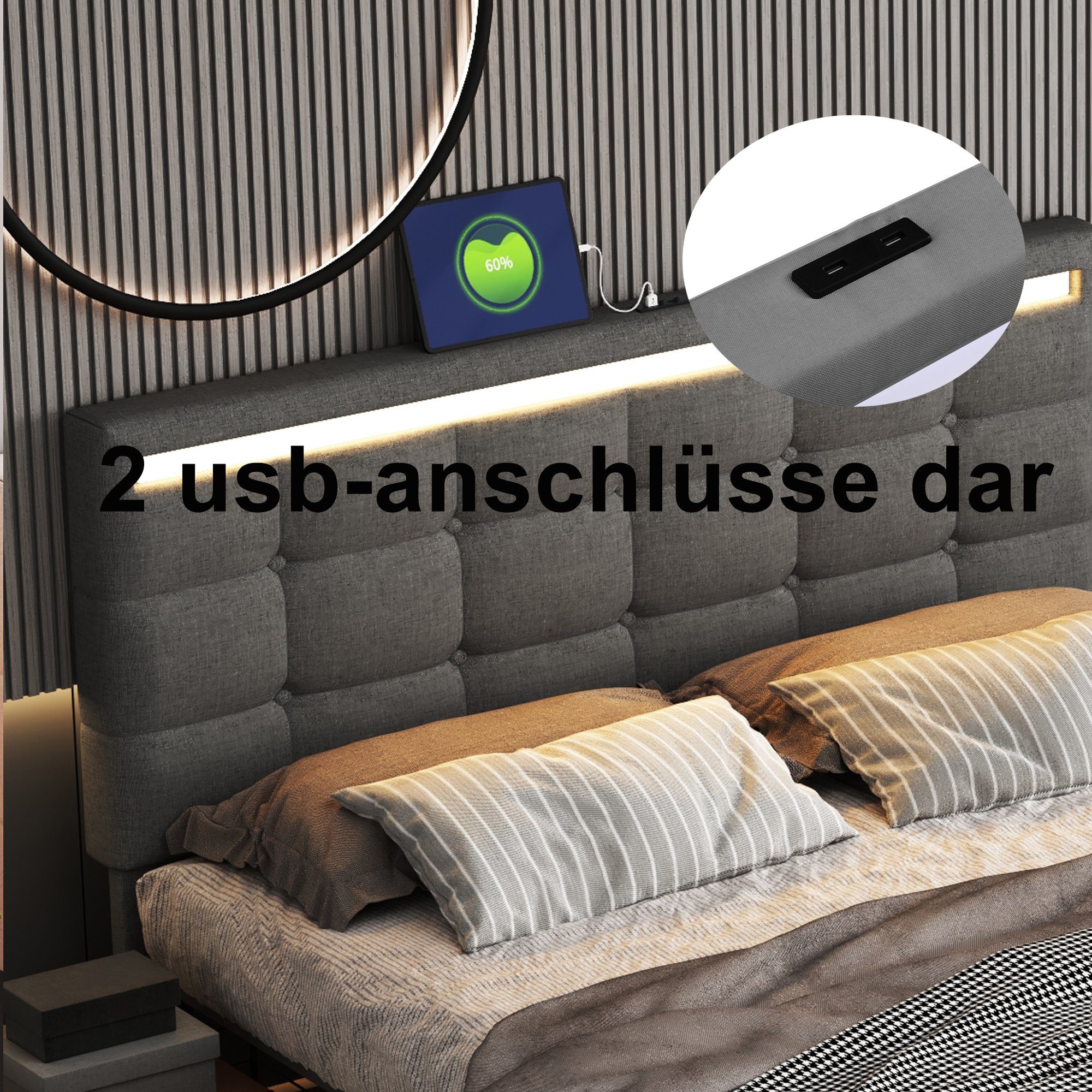 Flieks Polsterbett, LED Doppelbett Stauraumbett 2 USB-Anschluss 140x200cm Leinen