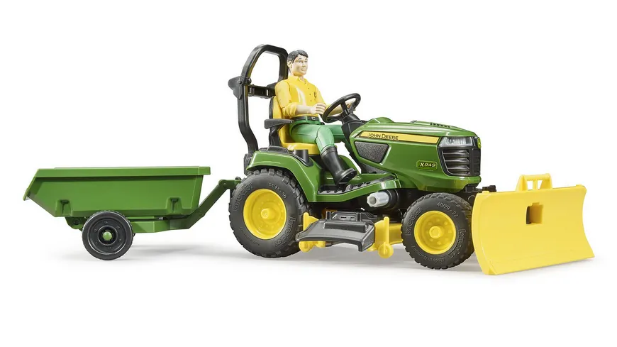 BRUDER - bworld John Deere Rasentraktor mit Anhänger und Gärtner