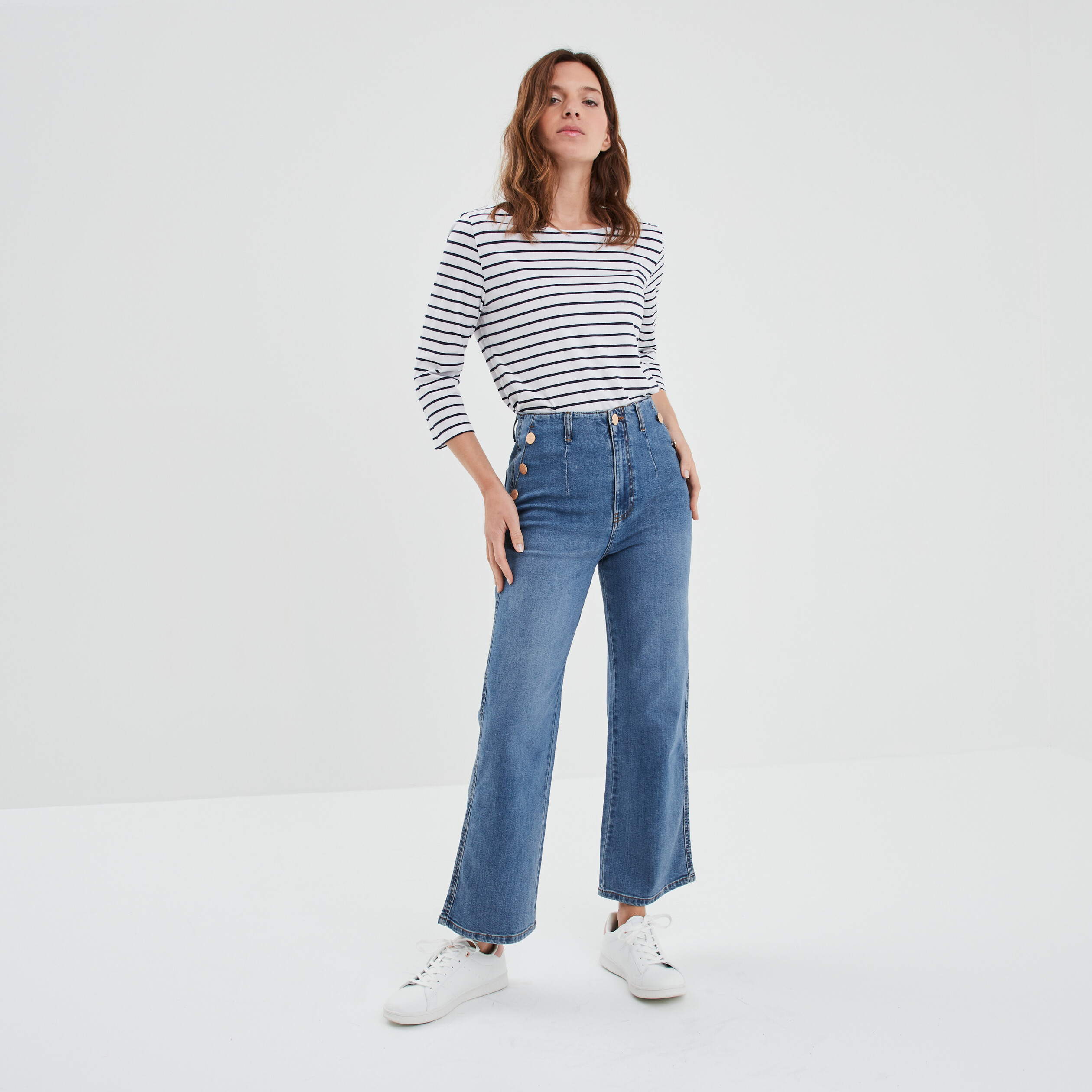 T-shirt manches 3 4 col bateau coton bleu marine femme | La Halle