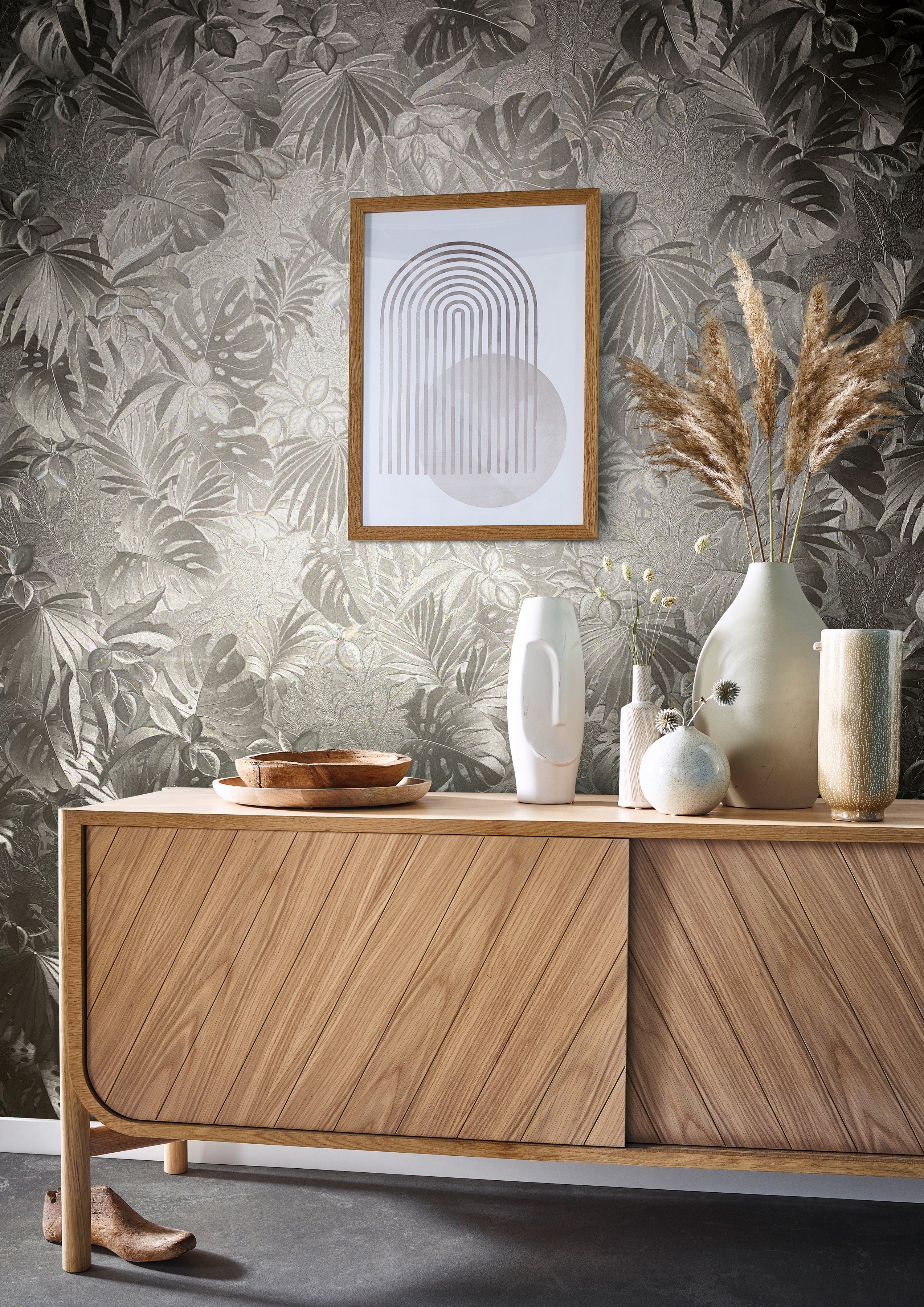 Marburg Vliestapete, floral, metallic, schimmernd, (1 St), Blattmuster, gut lichtbeständig, hochwaschbeständig