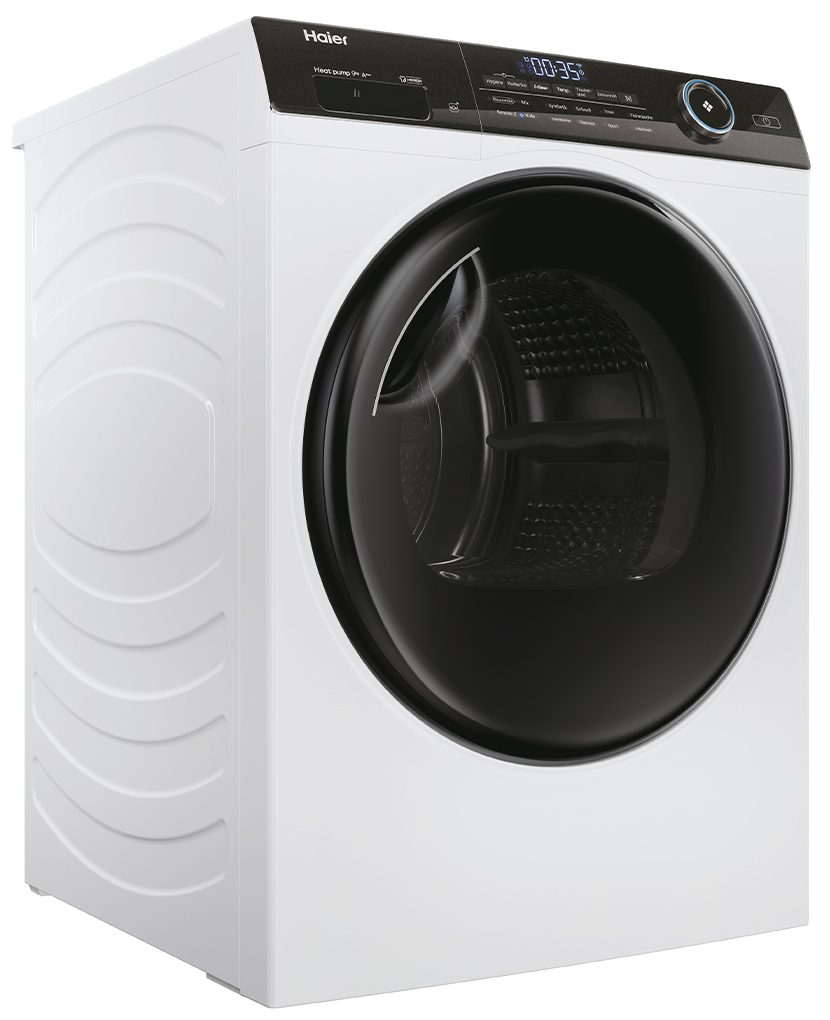 Haier Wärmepumpentrockner weiss HD90-A3TEAM5, 9 kg, Smart hOn App mit künstlicher Intelligenz, Ablaufschlauch