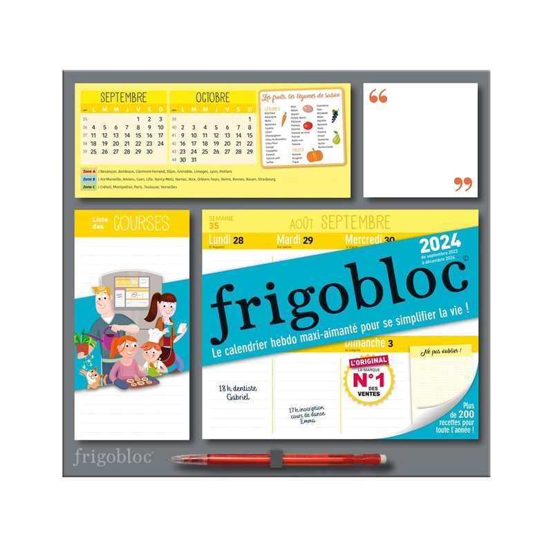 Frigobloc hebdomadaire 2024, calendrier d'organisation familiale de septembre 2023 à décembre 2024 - Play Bac