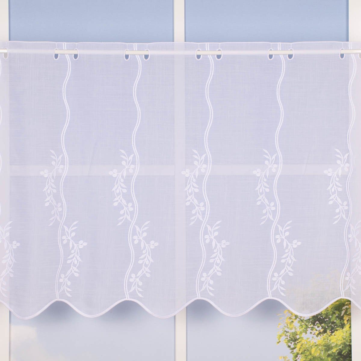 Meterware Scheibengardine Meterware Leinenstruktur Voile Stickerei Blumenranke n, SCHÖNER LEBEN., leicht perforiert, Polyester