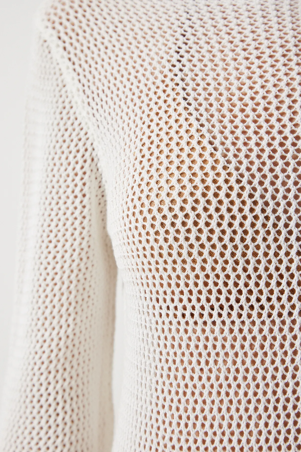 Happiness İstanbul  Ecrufarbenes, durchbrochenes, transparentes, langes Strickkleid für Damen PF00064