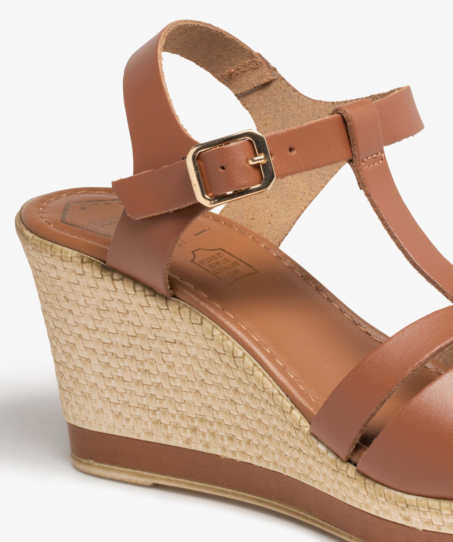 Sandales femme compensées dessus cuir uni - Tanéo camel | GEMO