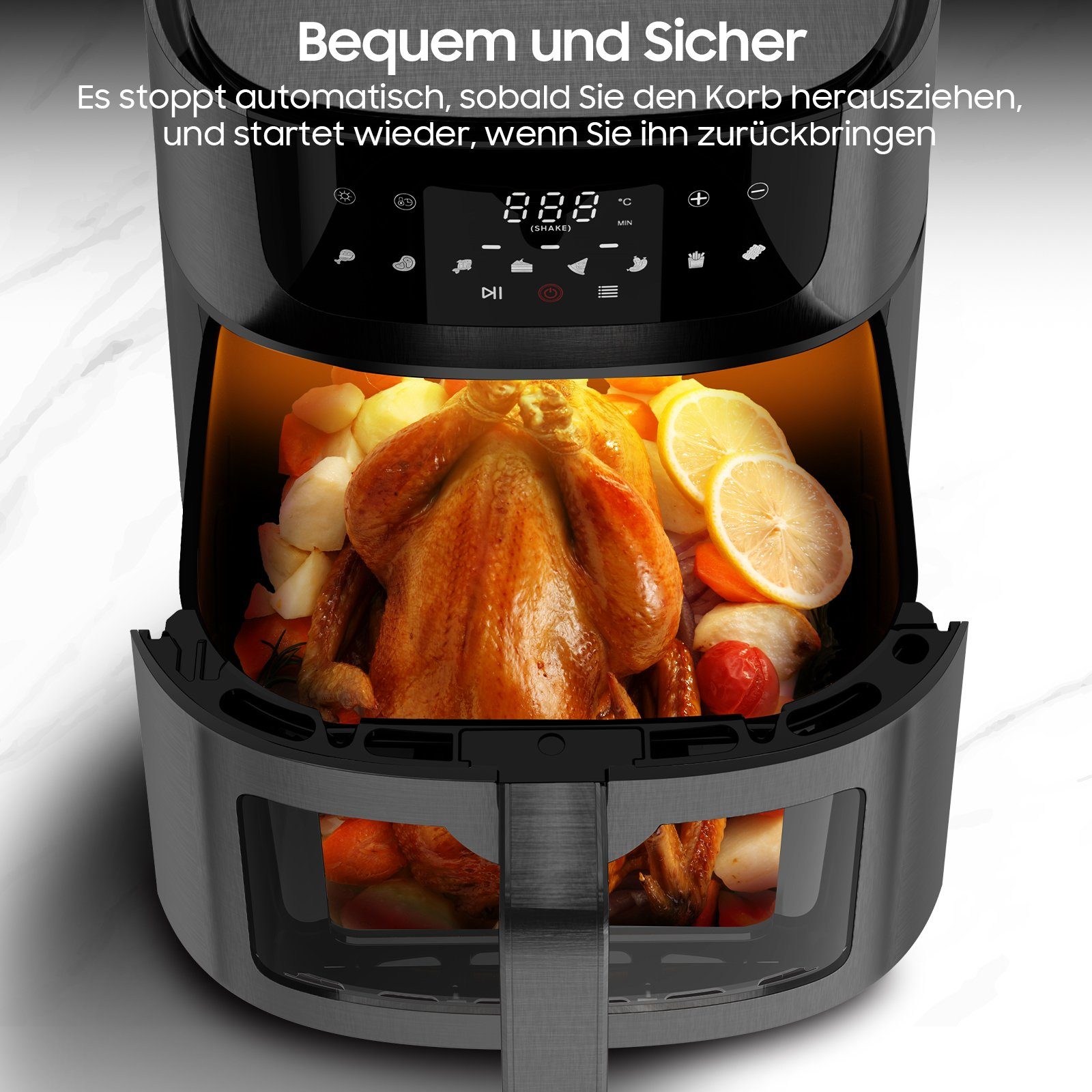 iceagle Heißluftfritteuse Heißluftfritteuse 9L AirFryer XXL, Heizluft Fritteuse, 1800,00 W, mit Großes Sichtfenster, 8 Programmen, Led Touchscreen, Ohne Öl