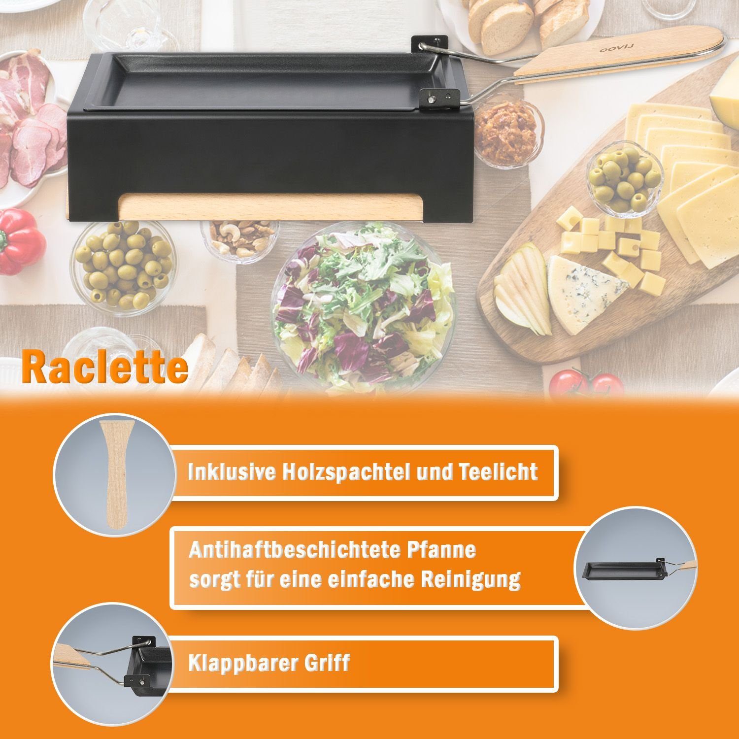 LIVOO Raclette LIVOO Raclette Set 2 Personen Teelicht Camping Kerzen Holz mit, 2 Raclettepfännchen, 3 Teelichter, Griff aus Echtholz, Raclettschieber, Raclettepfanne