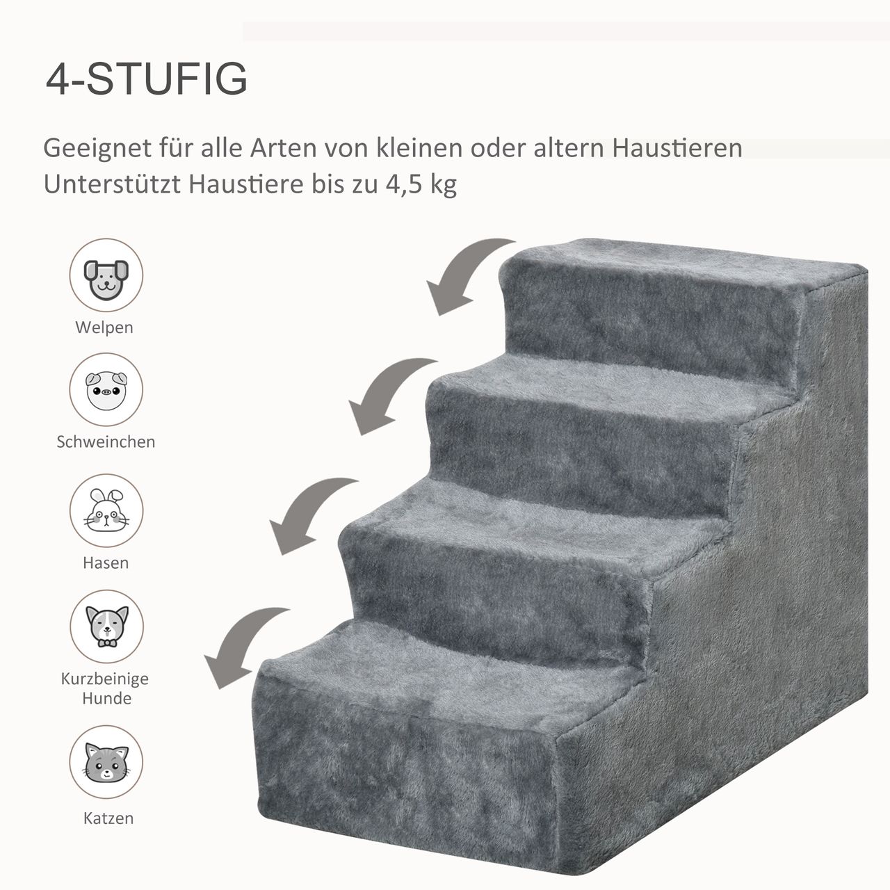 PawHut Haustiertreppe 4-stufige Hunderampe mit abnehmbarer Bezug Katzentreppe Hundetreppe Tiertreppe Spanplatte Plüsch Grau 60 x 35 x 44 cm