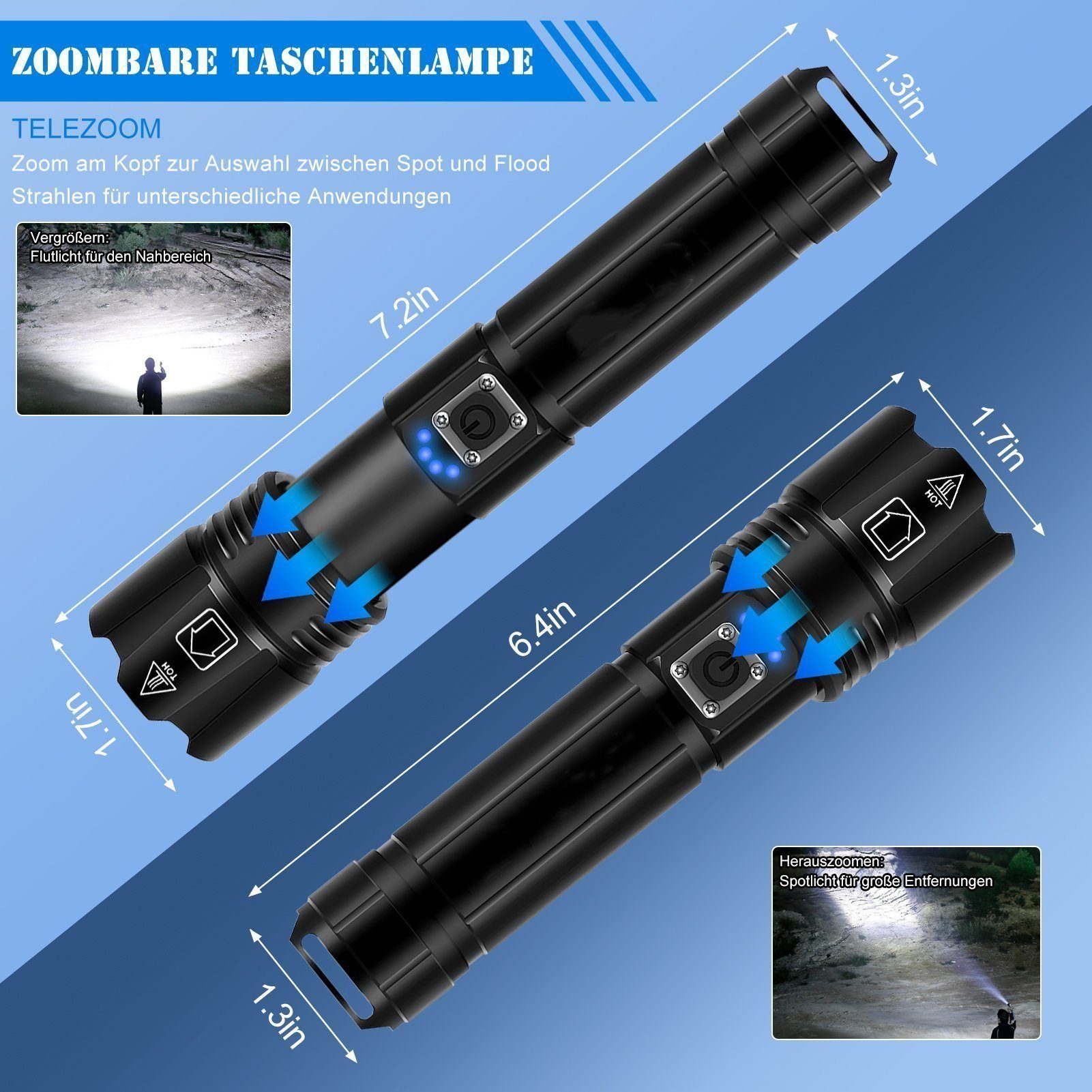 MDHAND Taschenlampe LED Aufladbar mit 5000 mAh AKKU 5 Beleuchtungsmodi IPX4 Wasserdicht, für Camping, Angeln, Outdoor und Notfälle