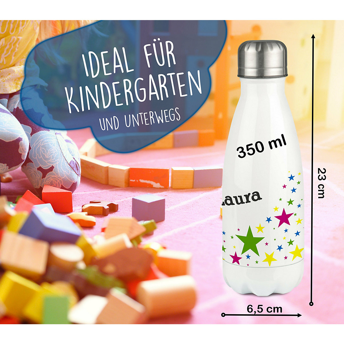 Edelstahl Kinder Thermoflasche / Trinkflasche bunt Sterne Spülmaschinenfest, Auslaufsicher, Bruchfest, Doppelwandig, Für Heißgetränke geeignet, Mit Deckel, Isoliert