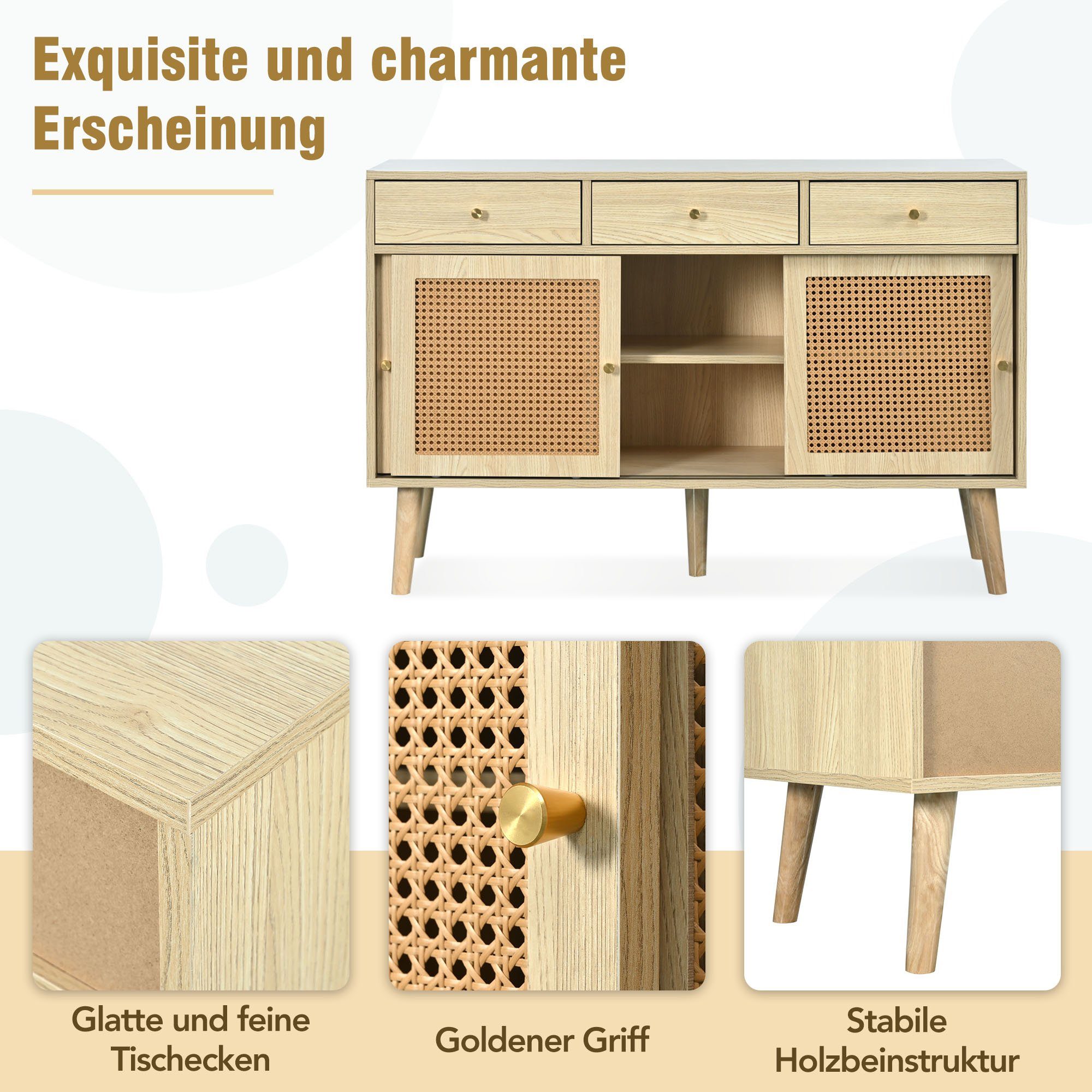 REDOM Sideboard Kommode (verstellbare Ablagen), mit 3 Schubladen und 3 Schiebetüren, 120x 40x78cm