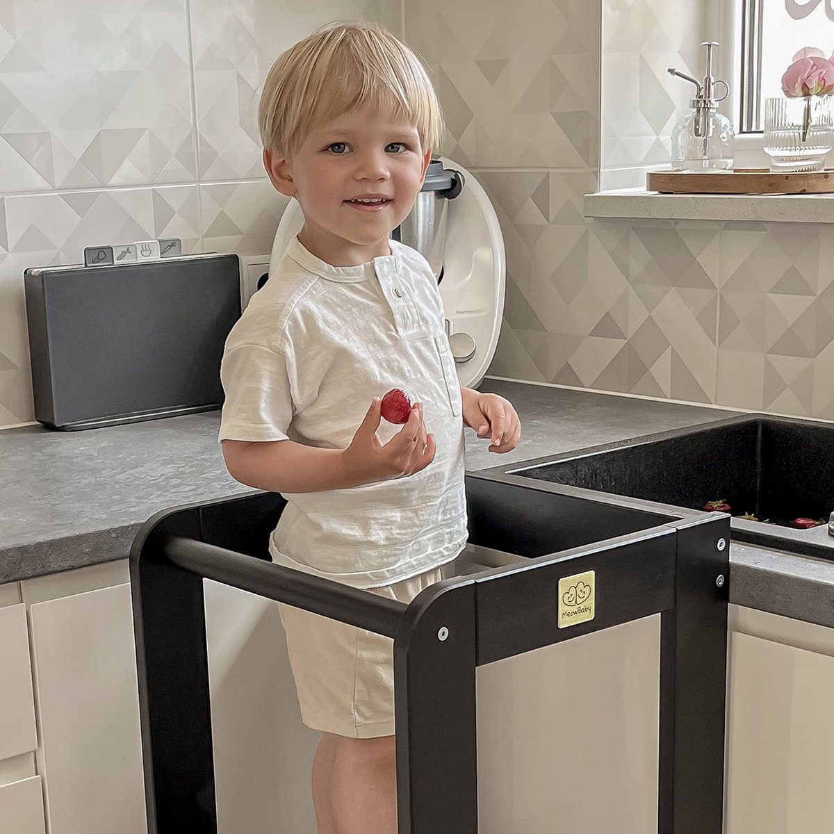 MeowBaby Stehhilfe Lernturm für Kinder Montessori Lernstuhl Schwarz (1 St), Kinderhocker, Höhenverstellbar, Abgerundete Ecken & Kanten