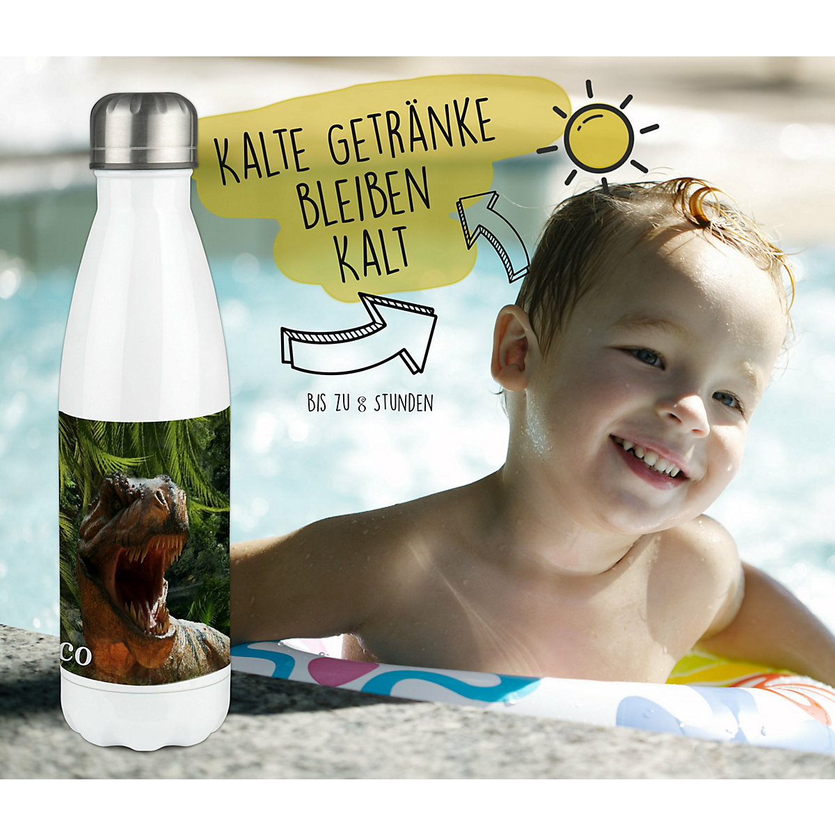 Edelstahl Kinder Thermoflasche / Trinkflasche bunt T-Rex Spülmaschinenfest, Auslaufsicher, Bruchfest, Doppelwandig, Für Heißgetränke geeignet, Mit Deckel, Isoliert