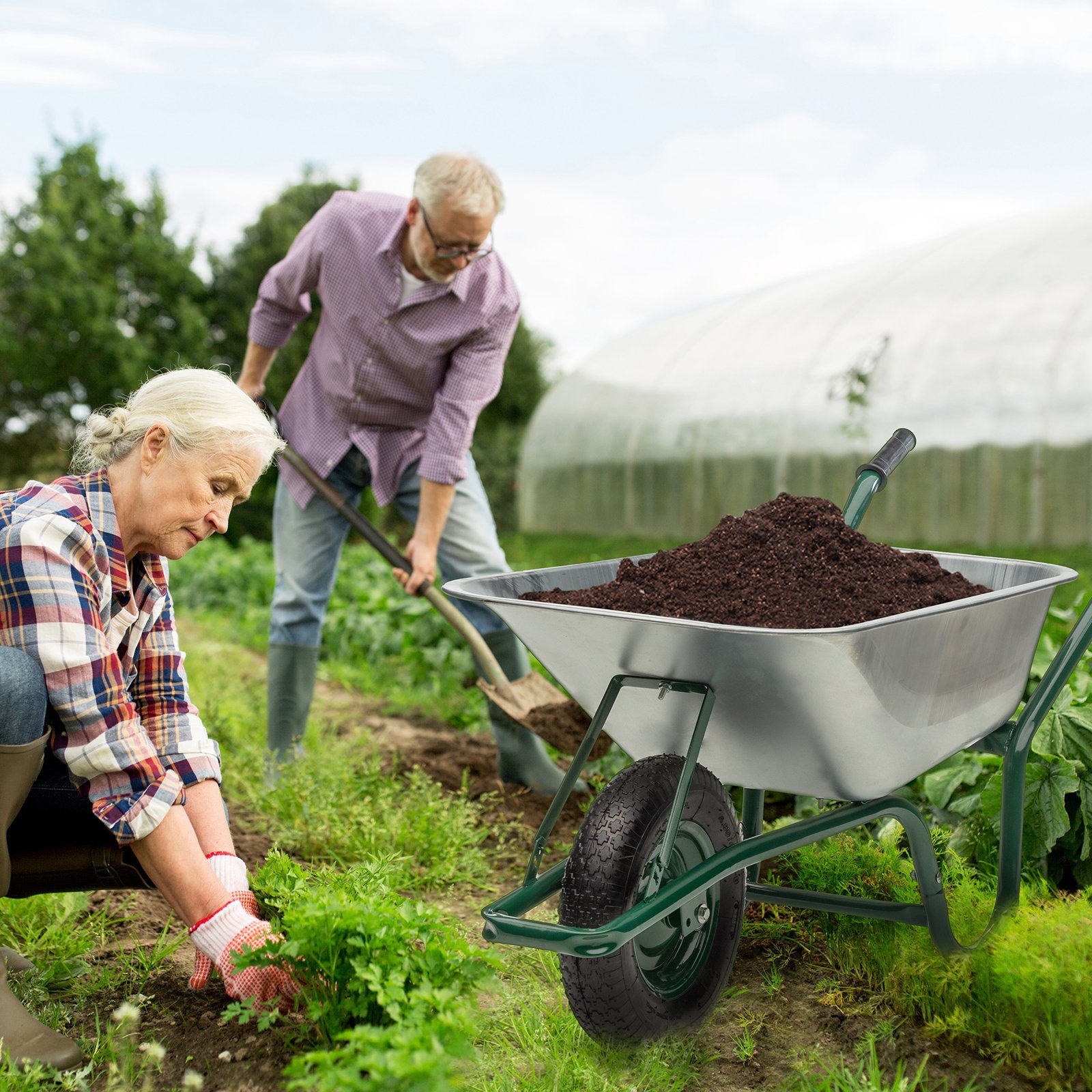 Midori Schubkarre, Gartenkarre 100 L Fassungsvermögen max. Traglast 210 kg Transportkarre verzinkte Wanne Stahlrahmen