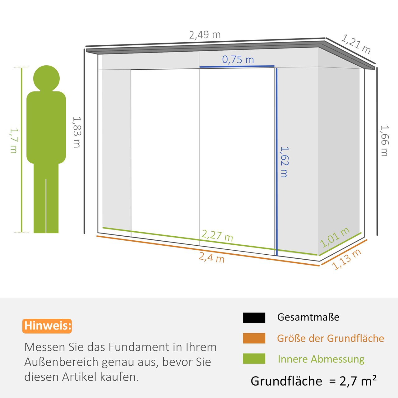 Outsunny Outsunny Gerätehaus aus Stahl, 2,7 m² Geräteschuppen mit Doppeltür, Schloss Grau