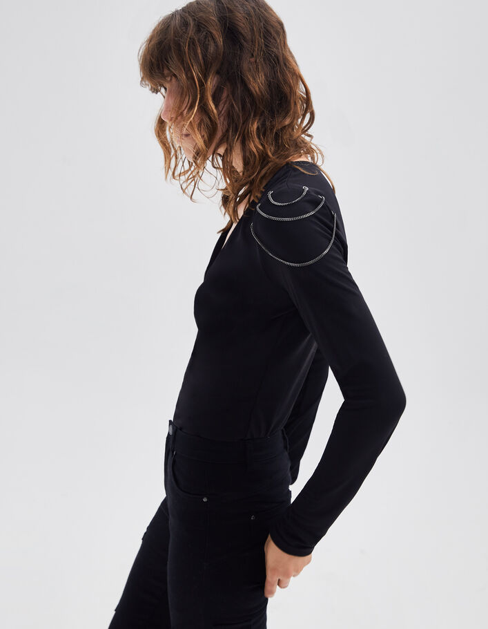 Blouse noire recyclée détails chaînes épaules Femme