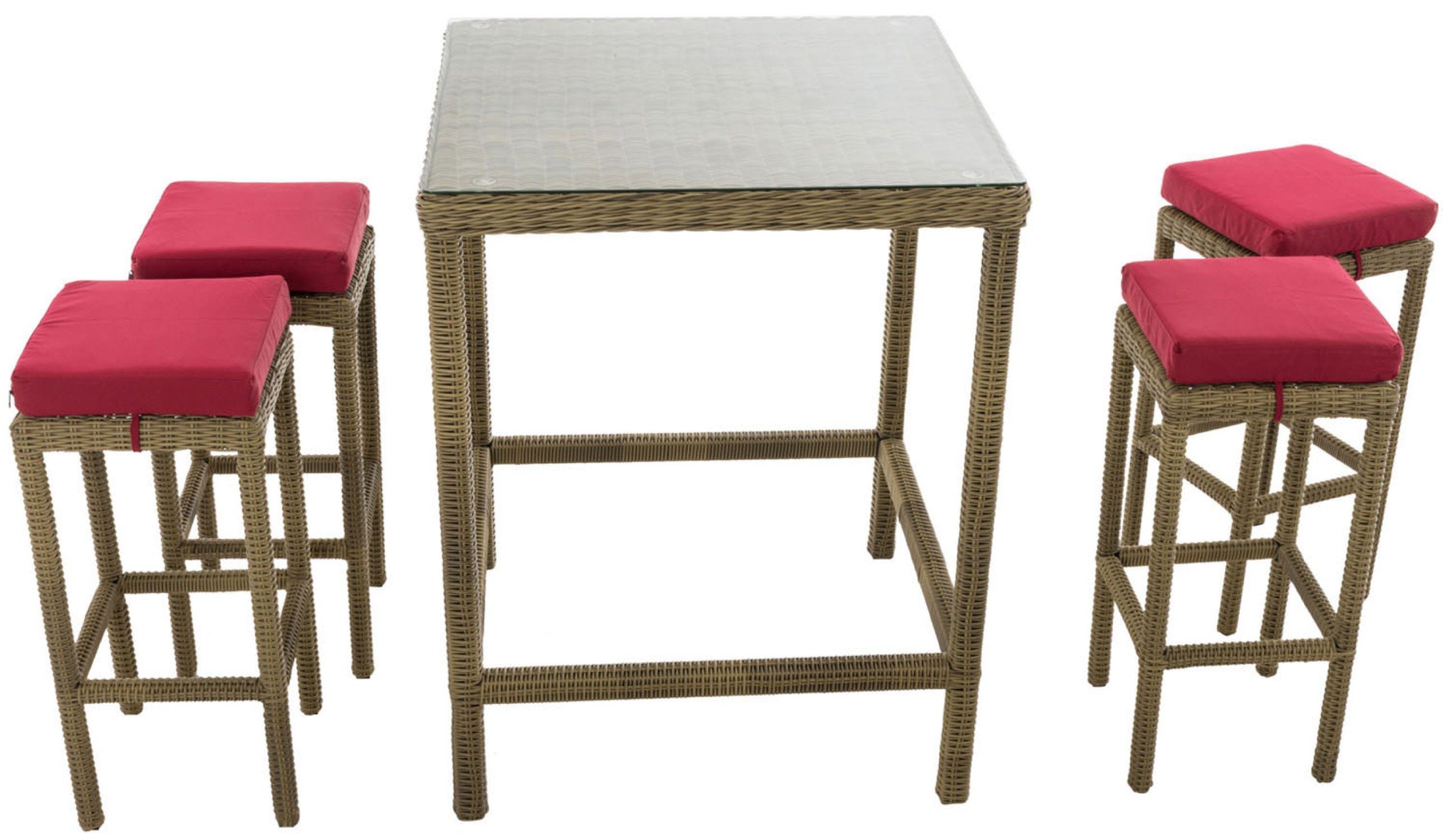 TPFGarden Gartenbar-Set Alina - aus 5mm Polyrattan und Aluminium-Gestell, (Stehtisch-Set mit 4 Hockern und Kunstlederauflagen, Gartenlounge-Set - wasserfest, pflegeleicht und UV-beständig), Maße (TxBxH): Tisch 84 x 84 x 110,5cm - Hocker 37 x 37 x 74,
