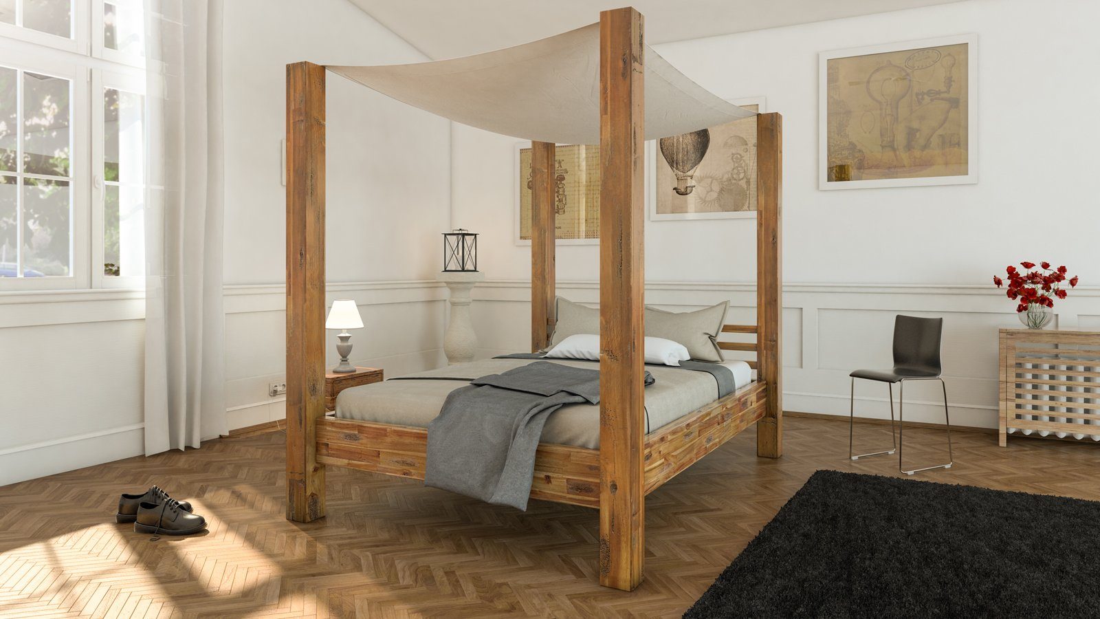 SAM® Himmelbett Johanna, Balkenbett mit Himmel, Akazie, robuste Bettpfosten, geteiltes Kopfteil