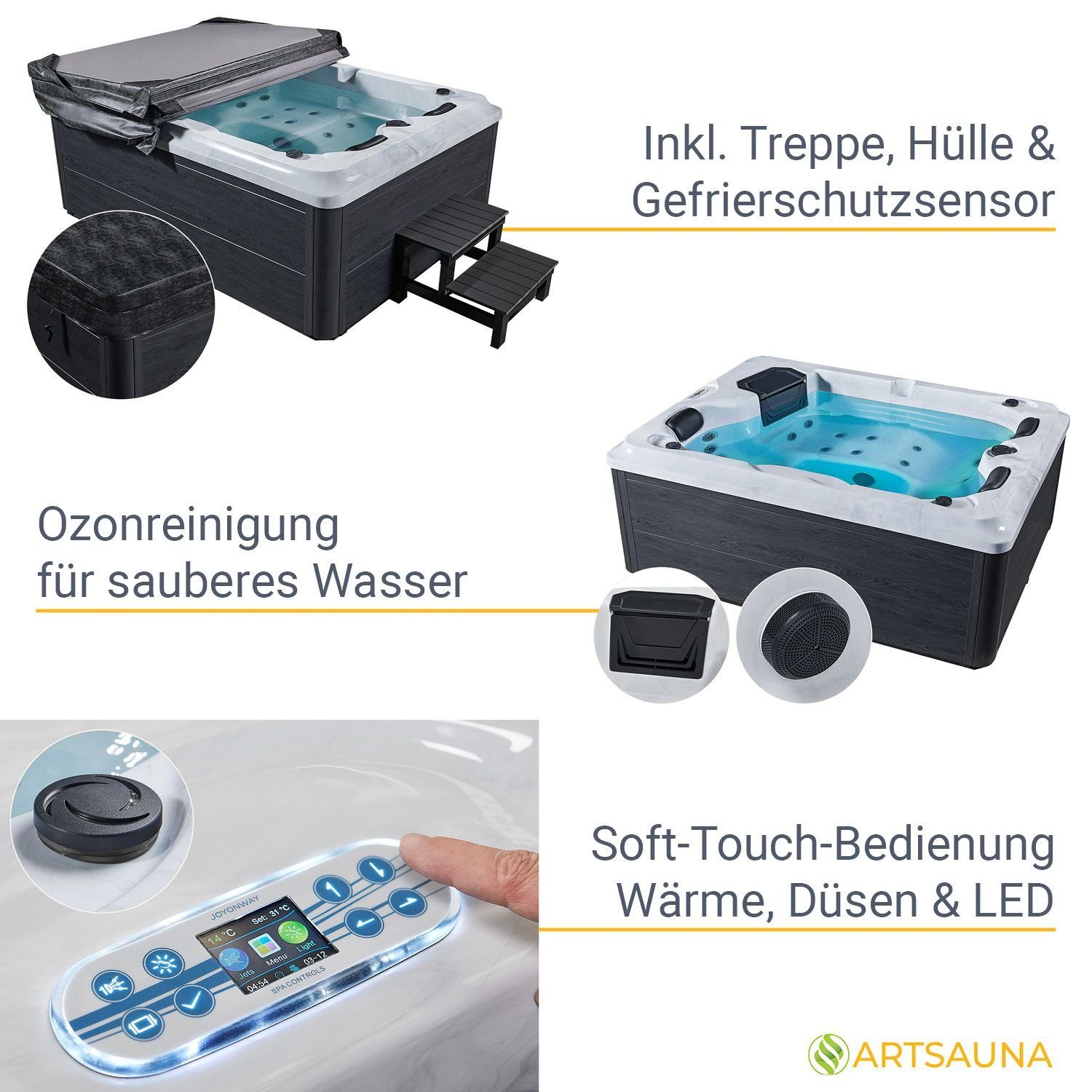 Artsauna Whirlpool Oasis mit Treppe, (Spa mit Massagedüsen, LED-Beleuchtung, inkl. Abdeckung)